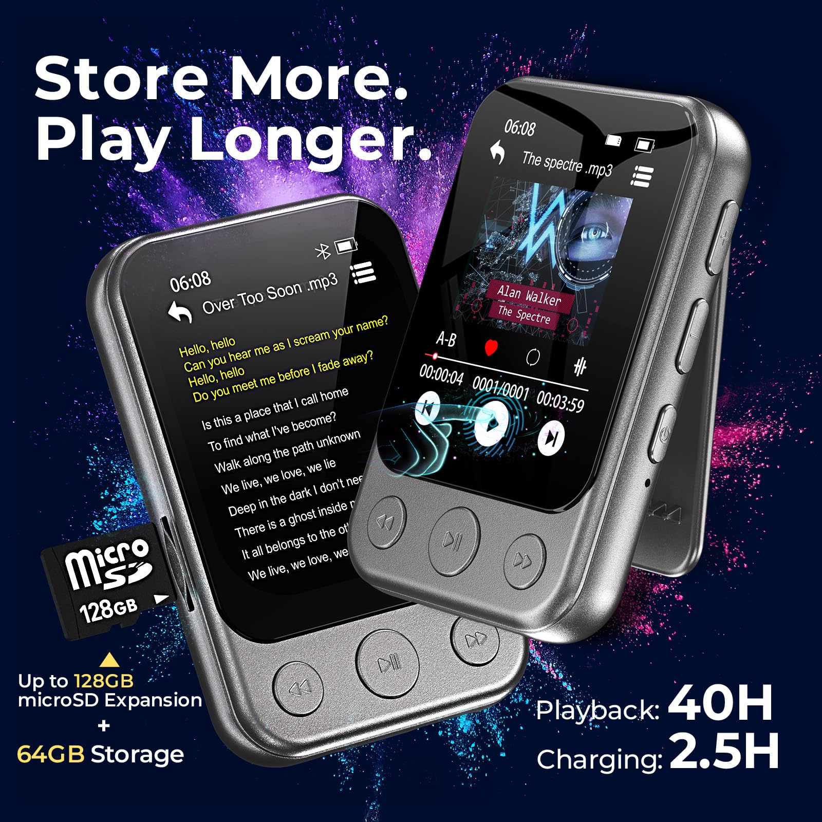 64GB Lettore MP3 Bluetooth 5.3 con Clip e Altoparlante, Lettore Musicale Sportivo con Touchscreen e Tasti, Controllo Volume Indipendente, Radio FM, Registrazione Vocale, Espandibile fino a 128GB | Musica senza smartphone, leggero da 37 g, facile da usare,