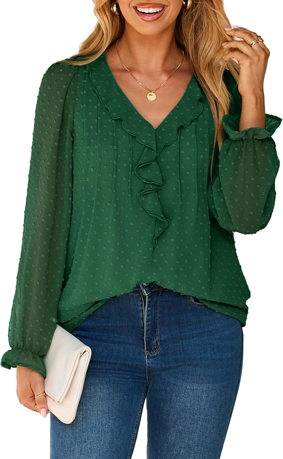 Simplee Womens Dressy Long Sleeve Blouse Casual V-Neck Ruffle Business Tops Chiffon Work Ladies Shirts 2025 Fall Trendy