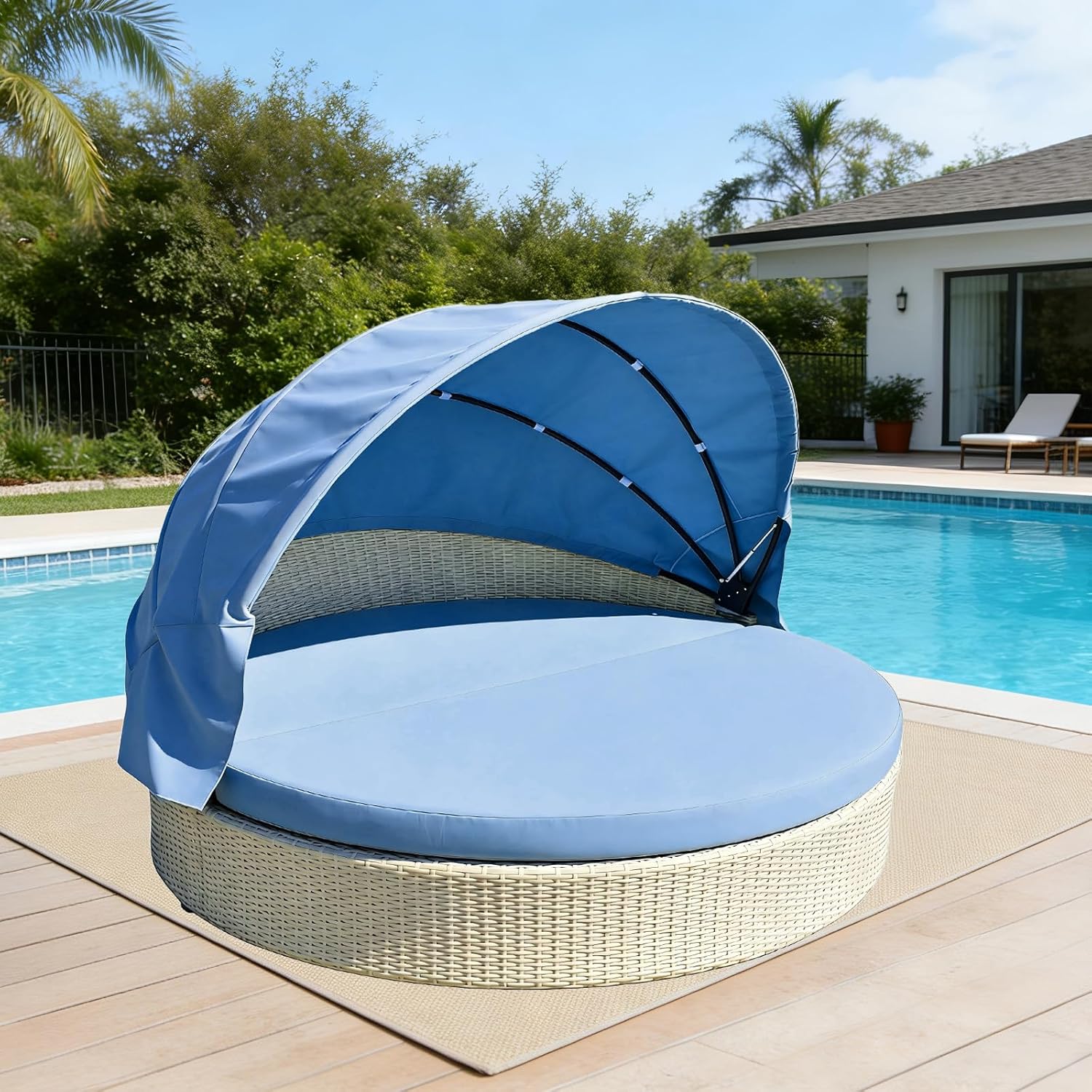 Outdoor Round Daybed Cushion Cover, Water-Resistant Patio Replacement Slipcover with Elastic Band, Uv-Resistant Sunbed Mattress Protector, Cover Only (Light Blue, 84")