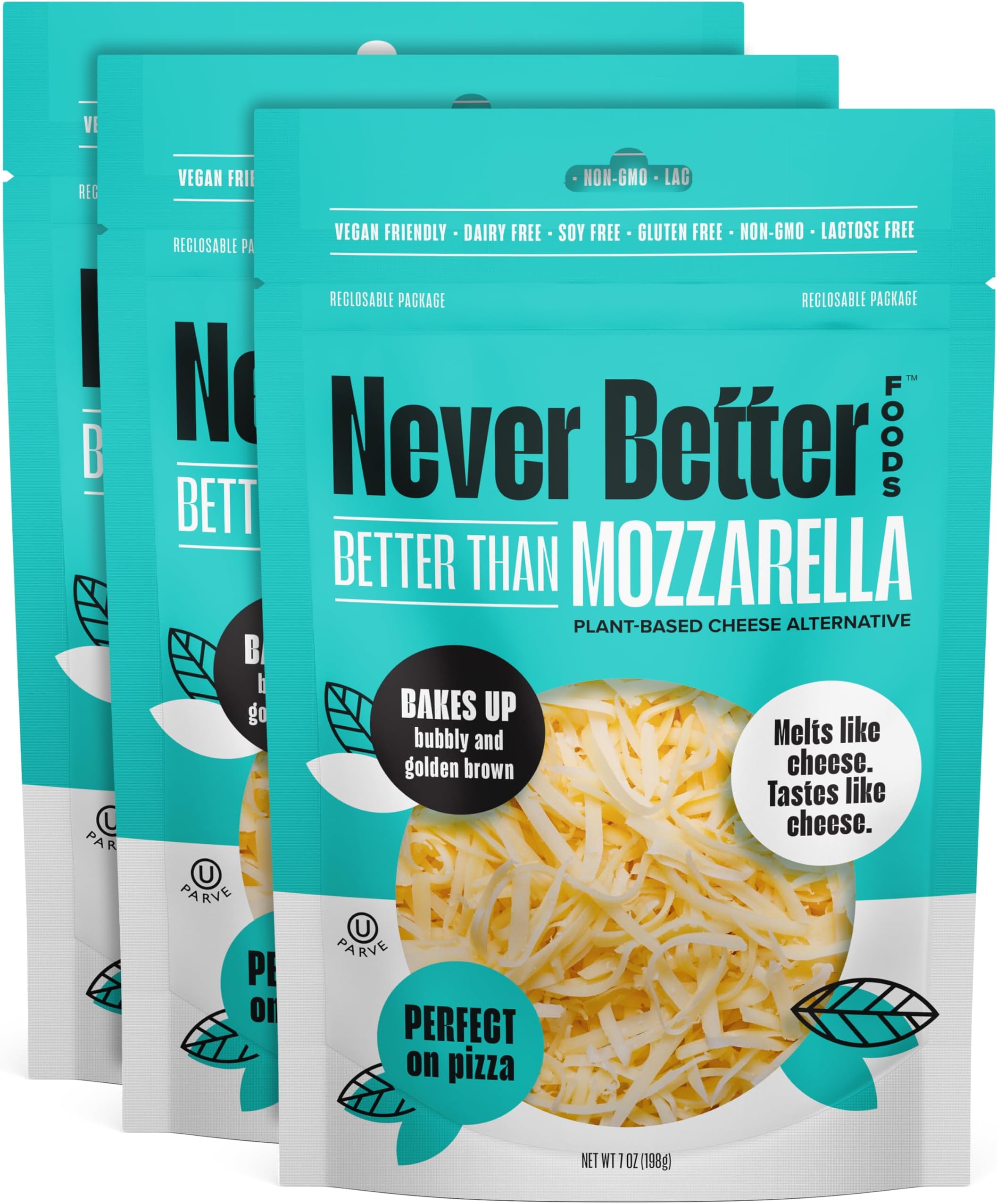 Plant-Based Shredded Mozzarella Cheese, Vegan, Dairy-Free, Made with Chickpea Protein, 3 Pack, 7 oz Bags (21 oz Total)