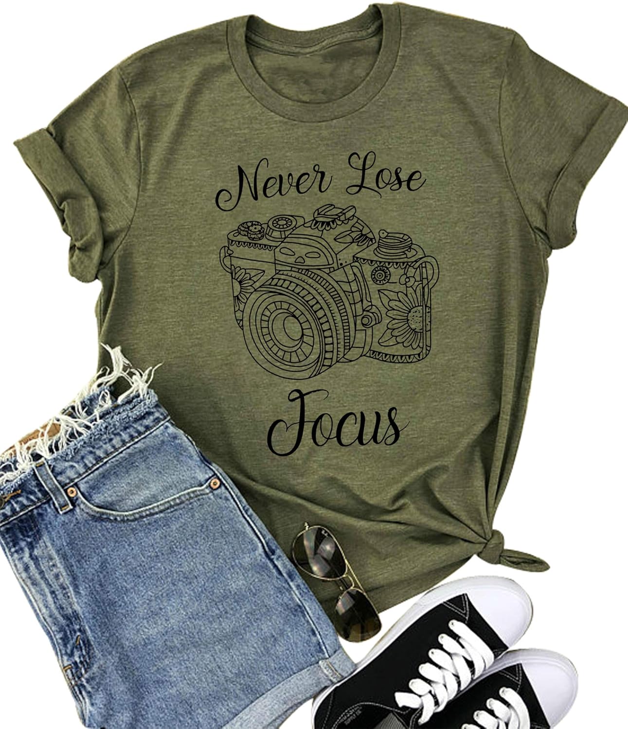 Never Lose Focus Shirt Women Camera Graphic Cute O-Neck Short Sleeve T-Shirt Top