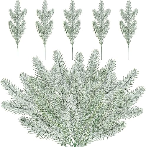 Wnvivi 30 ramas de pino esmerilado de nieve, ramas de árbol de Navidad nevadas, ramas de pino falsas, tallos de acebo para manualidades, corona,