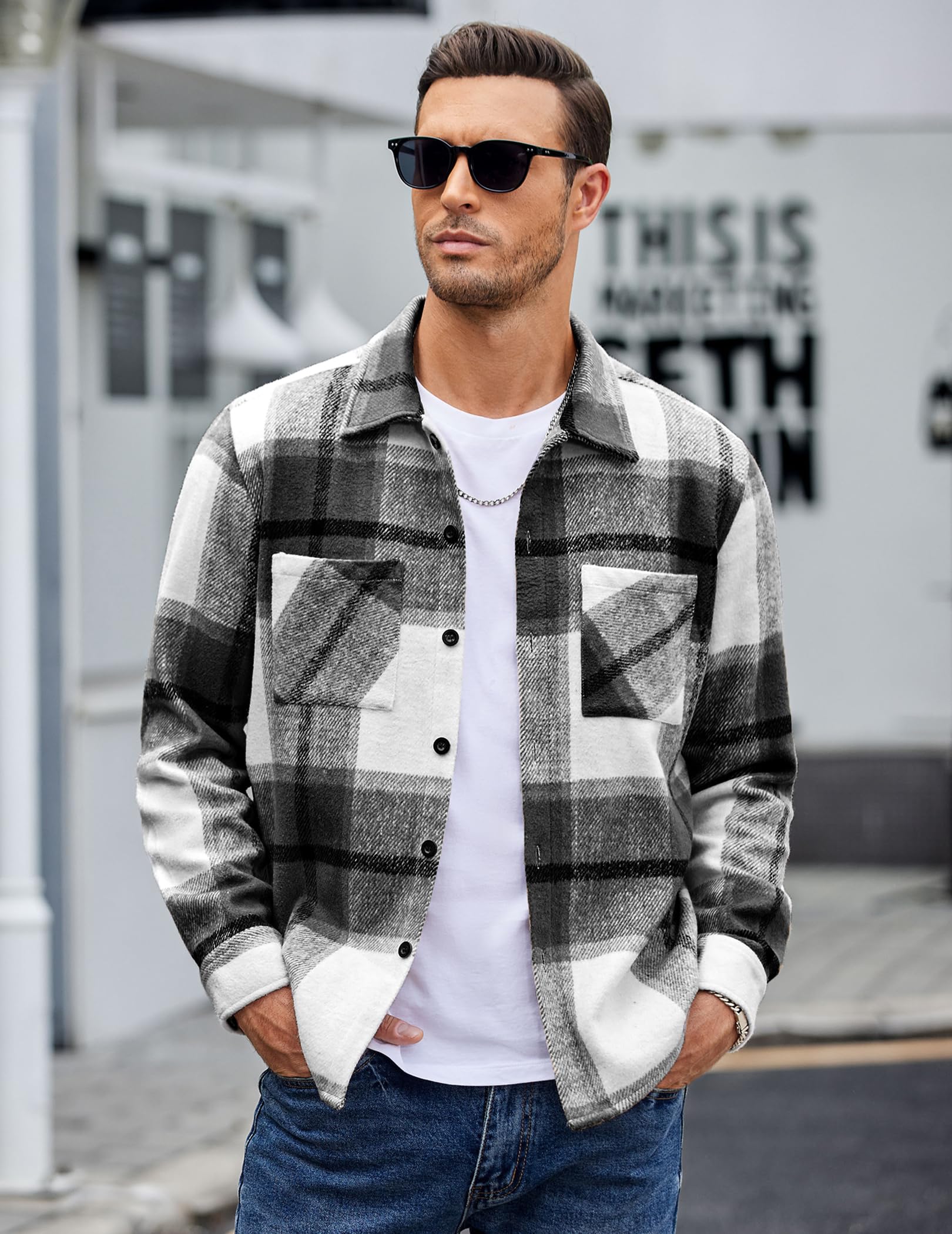 COOFANDY Camicia da uomo in flanella, casual, con bottoni, a quadri, a maniche lunghe, in pile con tasche