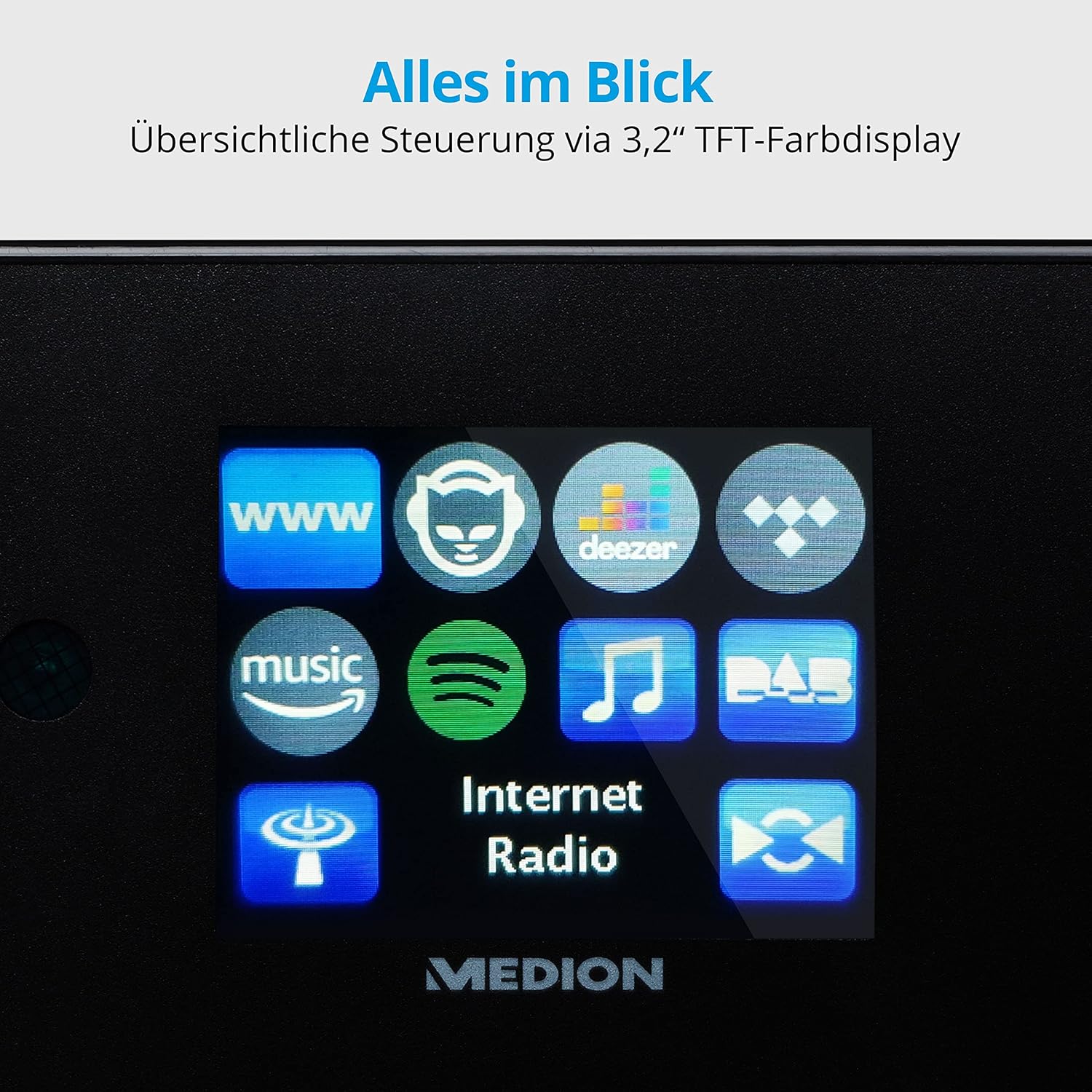 Close-up of the 3.2-inch TFT color display on the MEDION P85295 Internet Radio.