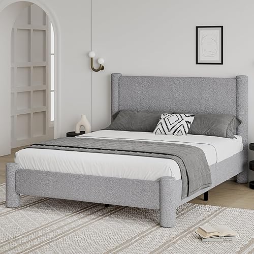 Full Size Bed Frame, Boucle Upholstered Platform Bed with Headboard and Footboard, Soft Rounded Corners, No Box Spring Required, Easy Assembly, Light Grey