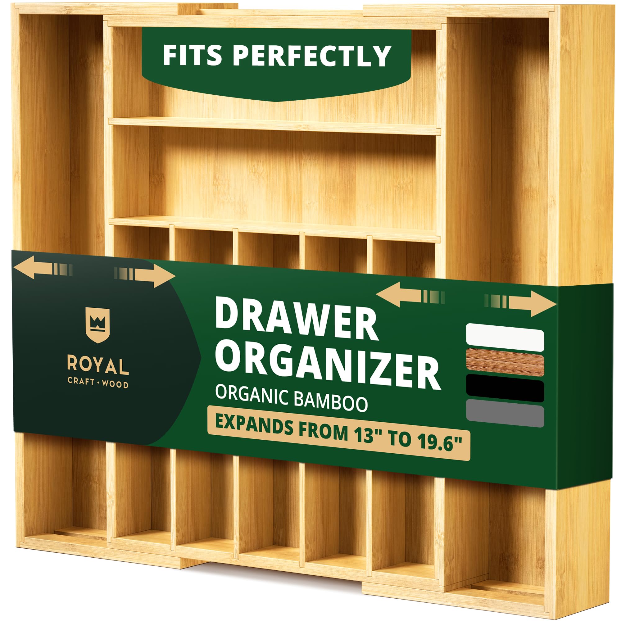 ROYAL CRAFT WOOD Luxury Bamboo Kitchen Drawer Organizer - Silverware Organizer - Utensil Holder and Cutlery Tray with Grooved Drawer Dividers for Flatware and Kitchen Utensils (9 Slot, Natural)