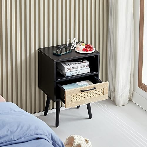 Miniatura 4 de Meihua Juego de 2 mesitas de noche de ratán con estación de carga, mesa auxiliar bohemia con cajón decorado de ratán hecho a mano, mesa auxiliar