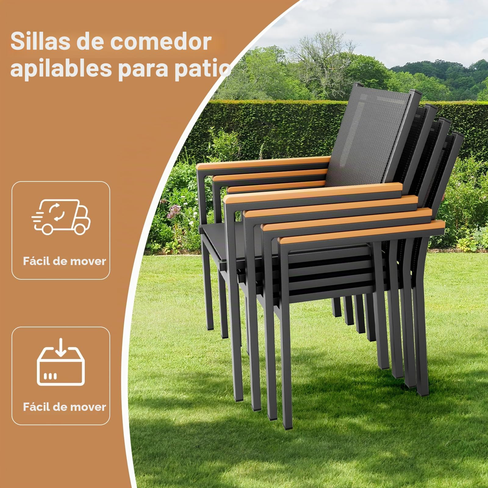 LIFERUN Juego de 4 sillas de jardín de aluminio, apilables, textileno, pasamanos de WPC, sillas de balcón, para terraza, balcón, terraza, piscina, restaurantes, resistentes a la intemperie, color