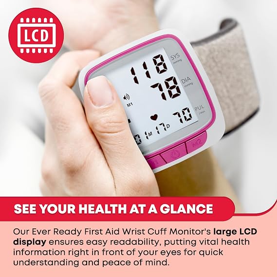 Ever Ready First Aid Fully Automatic Blood Pressure Wrist Cuff Watch Wearable Monitor for Home Use - Pink- Batteries Included
