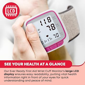 Ever Ready First Aid Fully Automatic Blood Pressure Wrist Cuff Watch Wearable Monitor for Home Use - Pink- Batteries Included