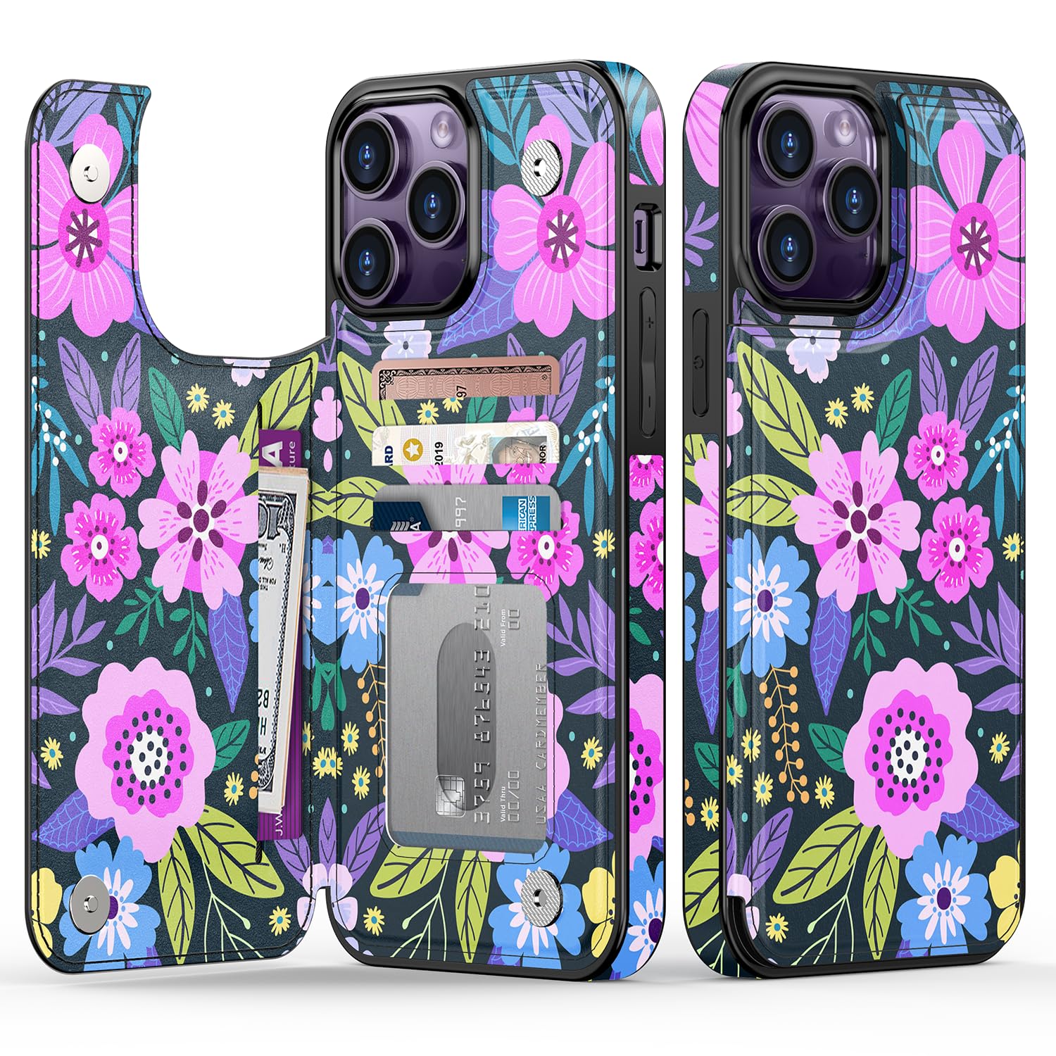 Goodon for iPhone 14 Pro Max Case Wallet - Flip Folio Leather Cover with Trendy Floral Design, 4 Card Slots & Kickstand Function, Protective Phone