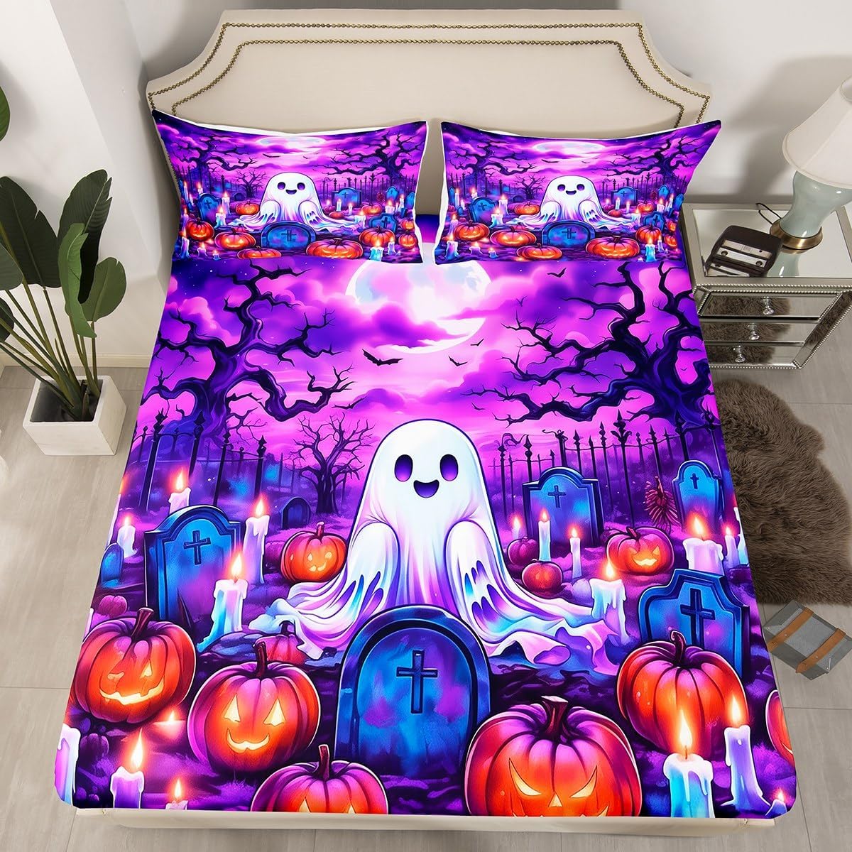 Erosebridal Fall Pumpkin Bed Sheets Autumn Harvest Fitted Sheet for Adults Men Women Full Rustic Farmhouse Bedding Set Blue Watercolor Bed Cover Room Decor