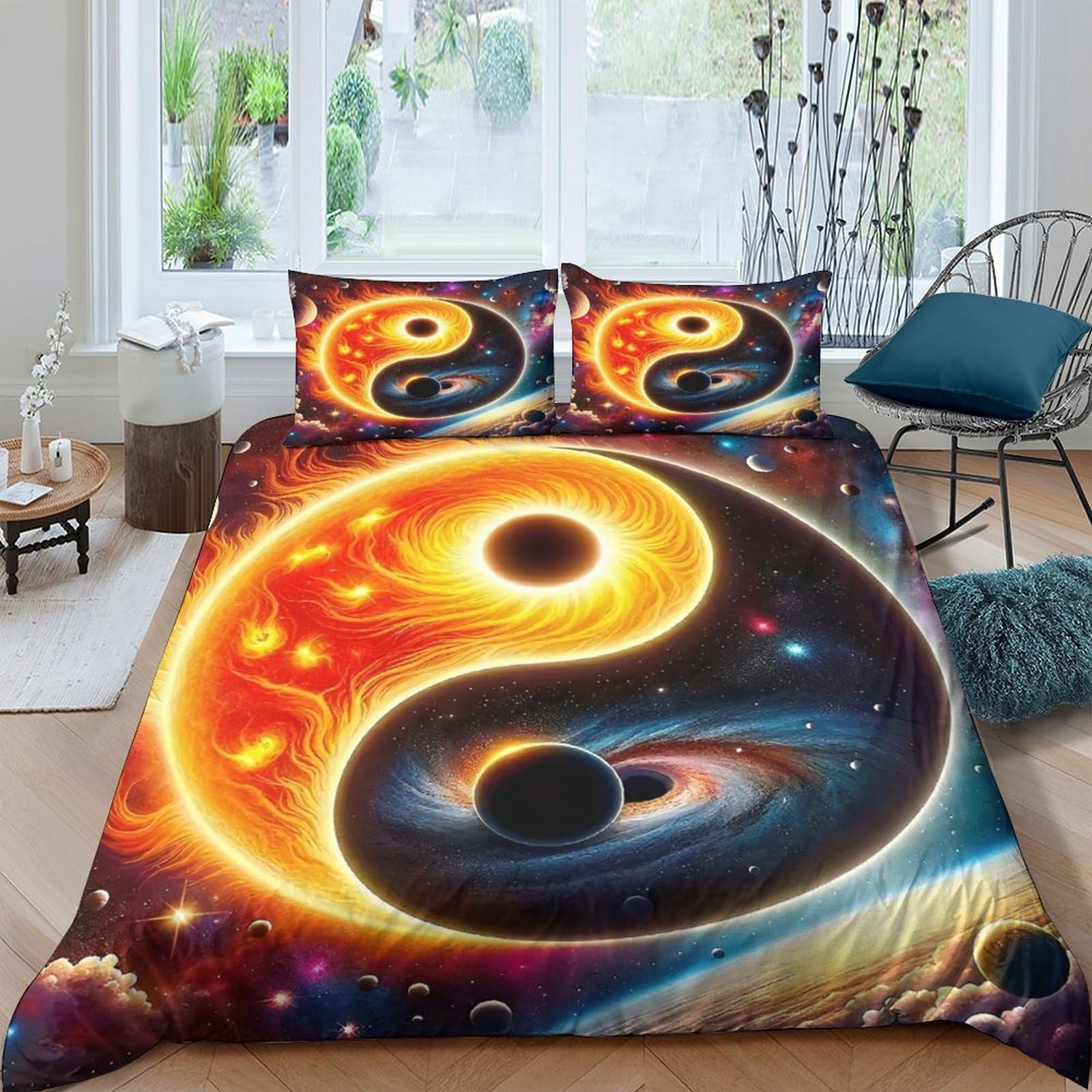 Housse de couette Yin et Yang 200x200 parure de lit 3 pièces microfibre