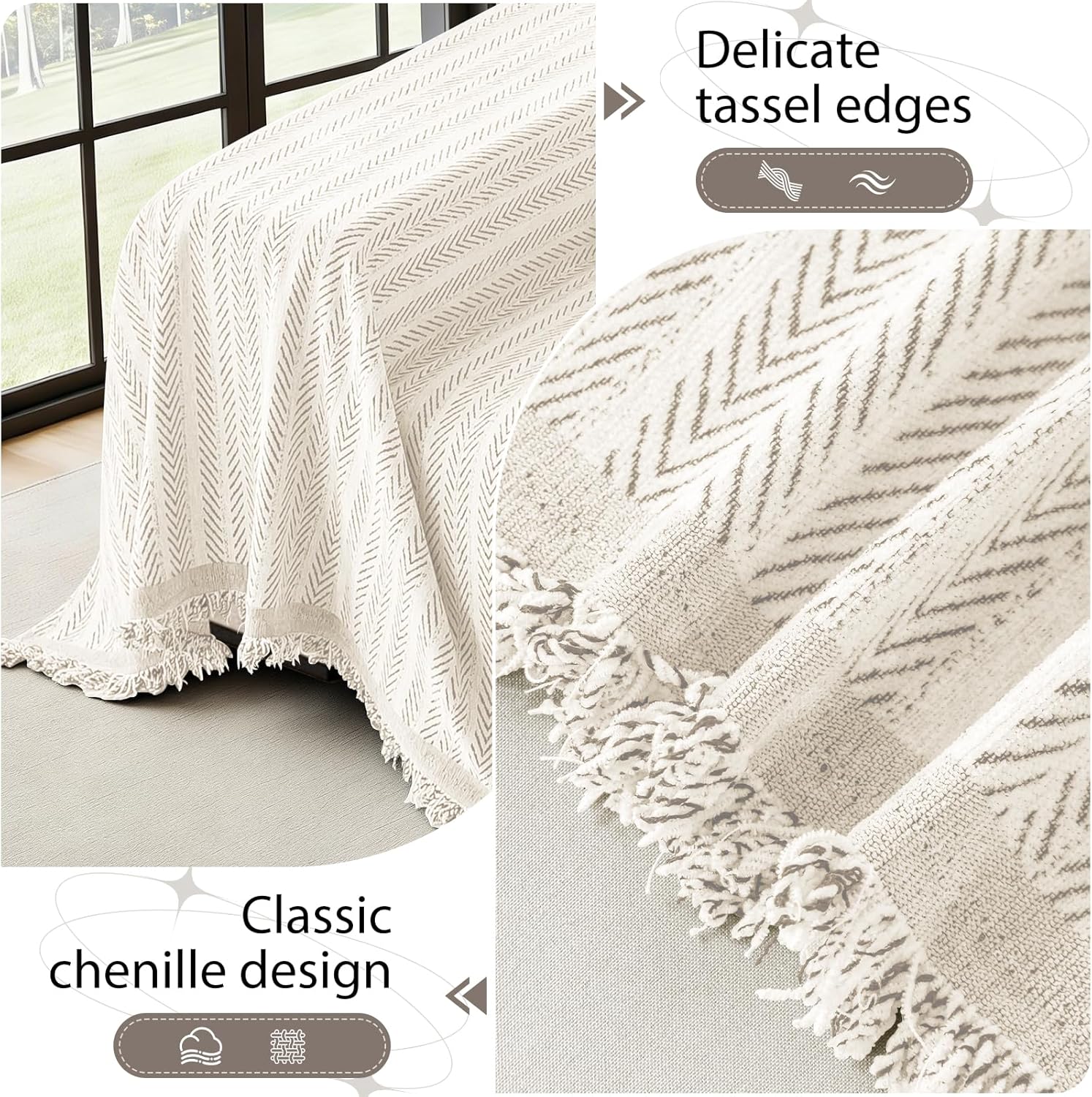 ALIECOM Boho Couch Covers for Sectional Sofa 2 Piece Thick Chenille L Shape Sectional Sofa Cover for Dogs Couch Cover Blanket Sofa Slipcovers Pet Furniture Protector Washable (X-Large, Lines Khaki)