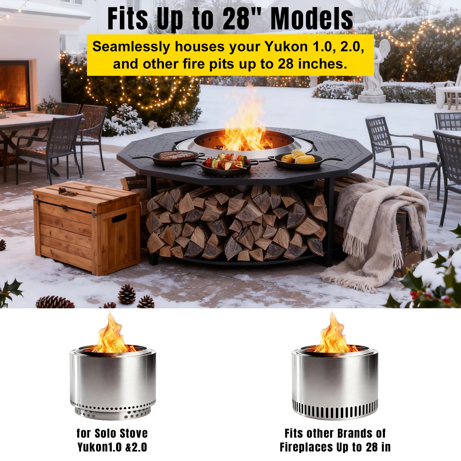 Braciere da tavolo Surround da 122 cm con staffa per stufa singola Yukon Barriera protettiva portatile per legna pozzi del fuoco all'aperto con ripiano per legna