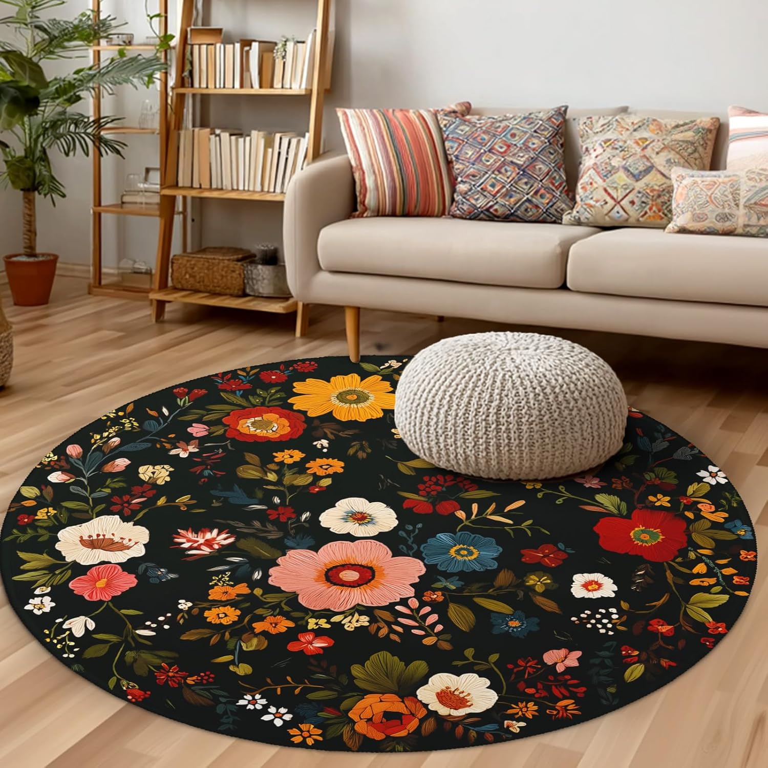 Floral Round Area Rug 5ft,Machine Washable Black Vintage Boho Flowers Leaf Neutral Round Rug Non-Slip Circle Rugs Low-Pile,Indoor Floor Carpet Mat for Living Room Bedroom Kitchen Dining Entryway