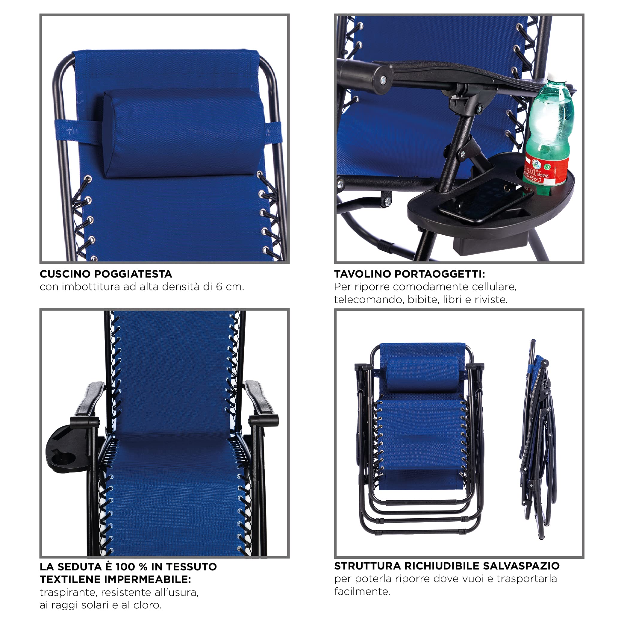 Hortan Poltrona Sdraio Relax Reclinabile Con Cuscino Imbottito, Tavolino Portaoggetti, Seduta In Tessuto Textilene E Struttura in Acciaio Con Tubolare Rinforzato, Per Casa, Terrazzo e Giardino