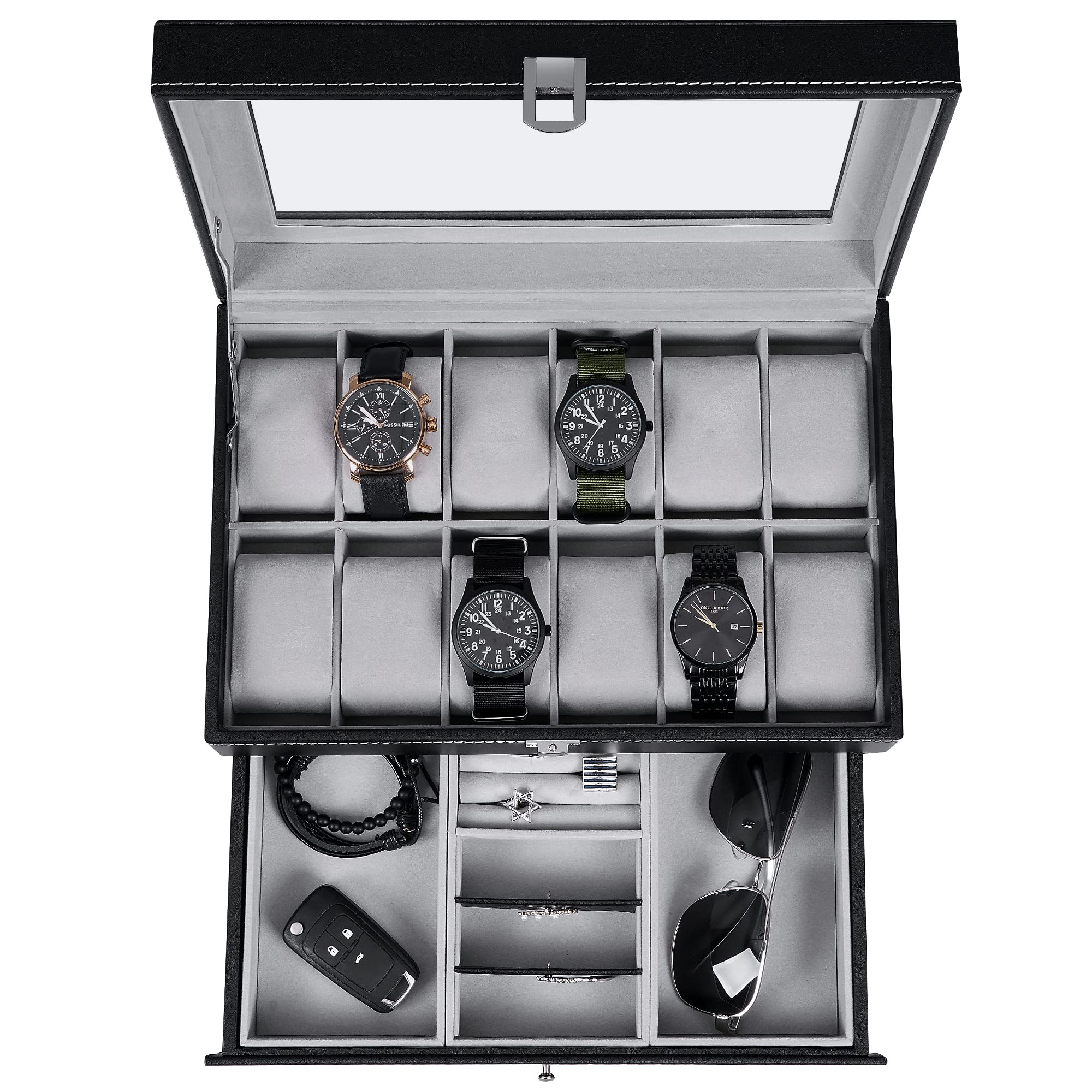 BEWISHOME Watch Box Organizer Case 12 Mens Jewelry Display Drawer w/Adjustable Tray Glass Top Black PU Leather SSH02B (B07255C7TQ) Amazon Price History, Amazon Price Tracker