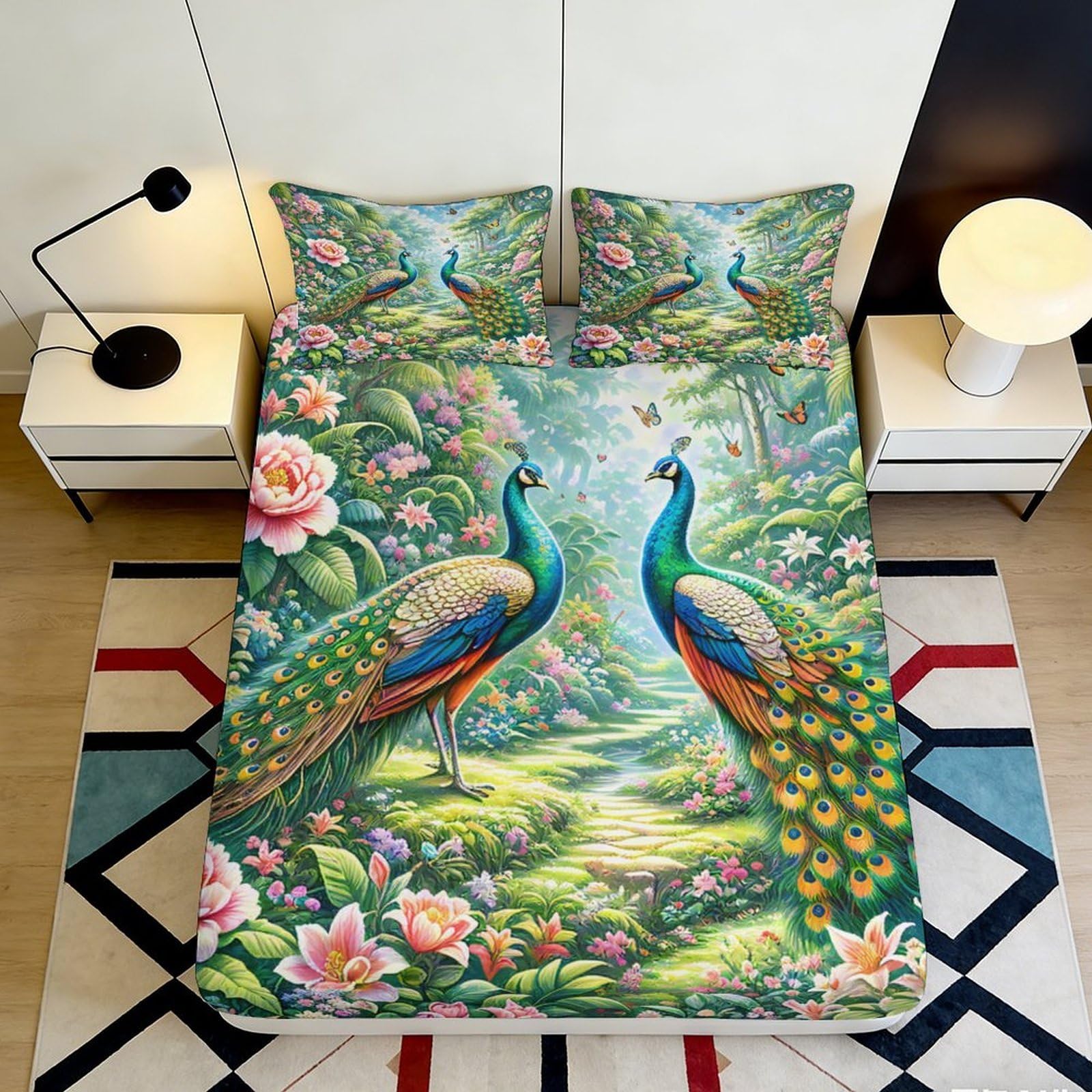 Pnayamiorkfel Style-8 3D Printed Peacock Garden Fitted Sheet Microfiber Floral Forest Bed Cover For Bedroom Guest Room Easy Care Decor 90X200x25cm