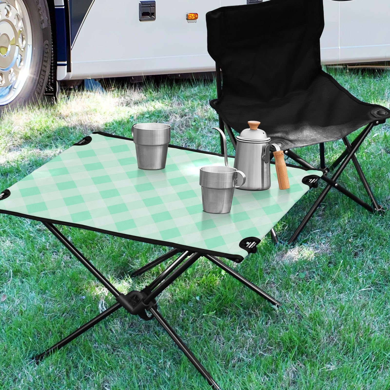 Table de plage pliante carrée blanche verdâtre avec sac de transport pour la plage, la pêche, le camping