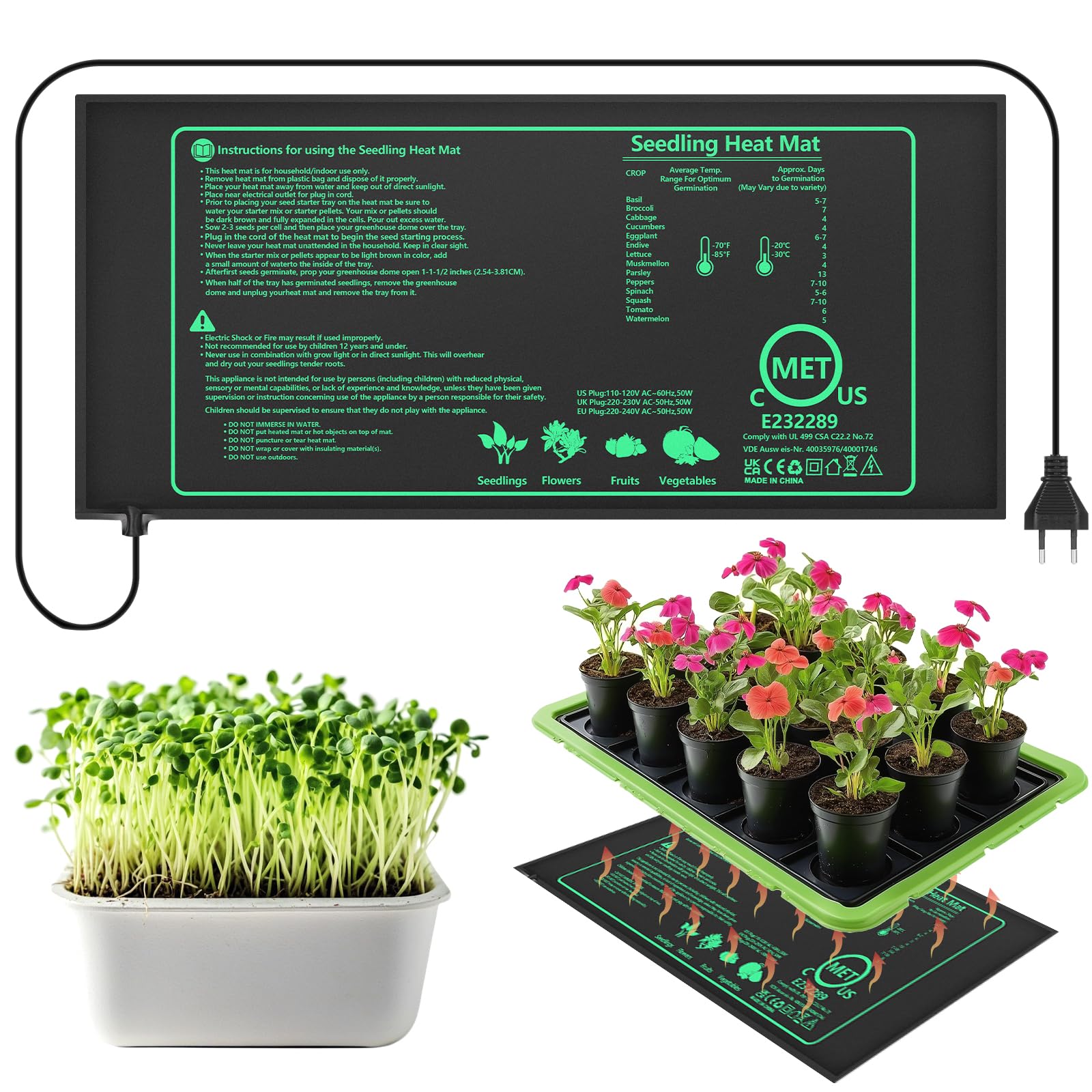 Heizmatte mit Thermostat, 50W Wärmematte Terrarium, PVC wasserdichte Pflanzen Gewächshaus Heizkissen, Erlaubt Temperatur Regelung in 1℃ (20-45℃), für Sämlinge, Haustiere und Reptilien