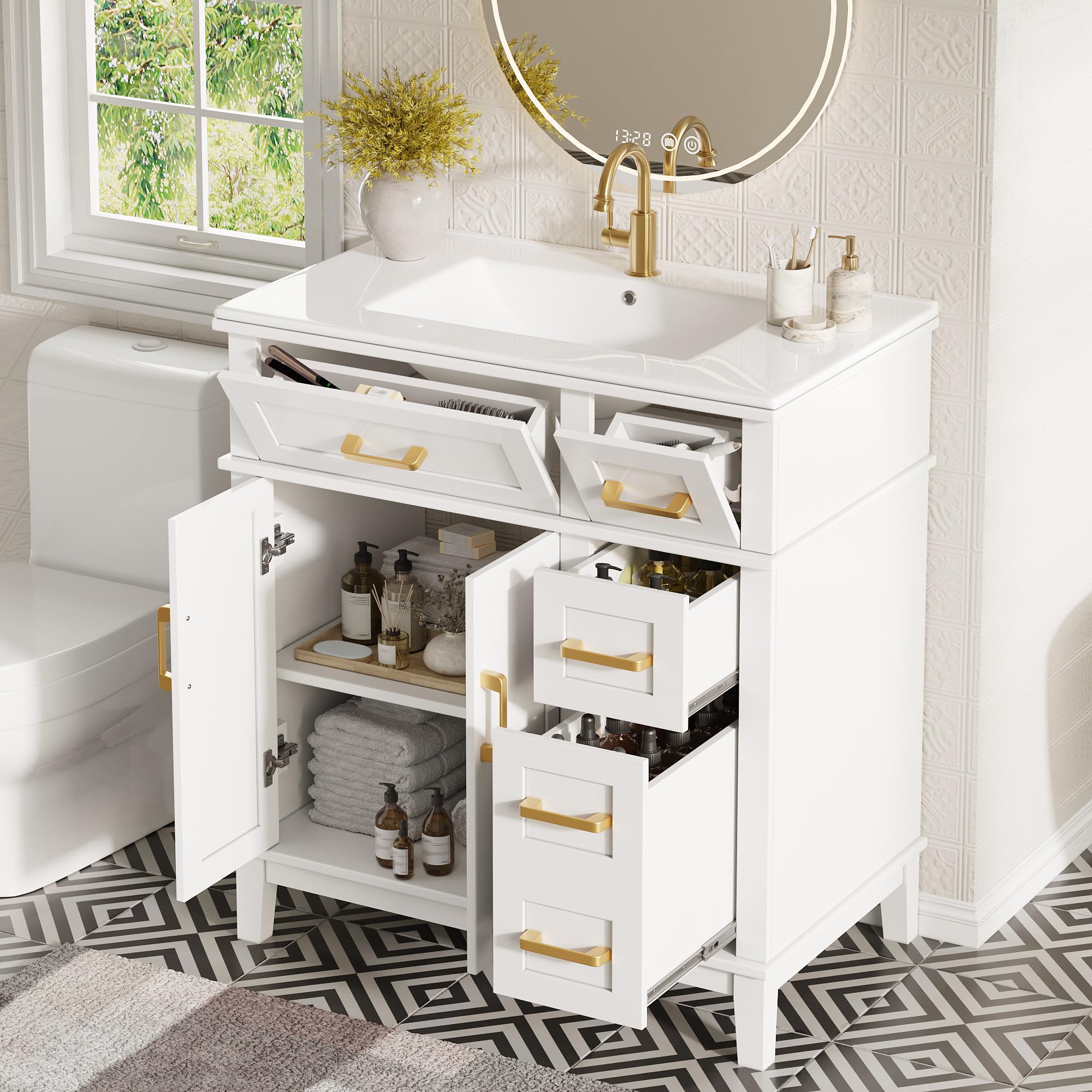 Mueble de baño con lavabo de cerámica moderno con gran capacidad de almacenamiento, cajones de cierre suave, protección contra desbordamiento, color blanco