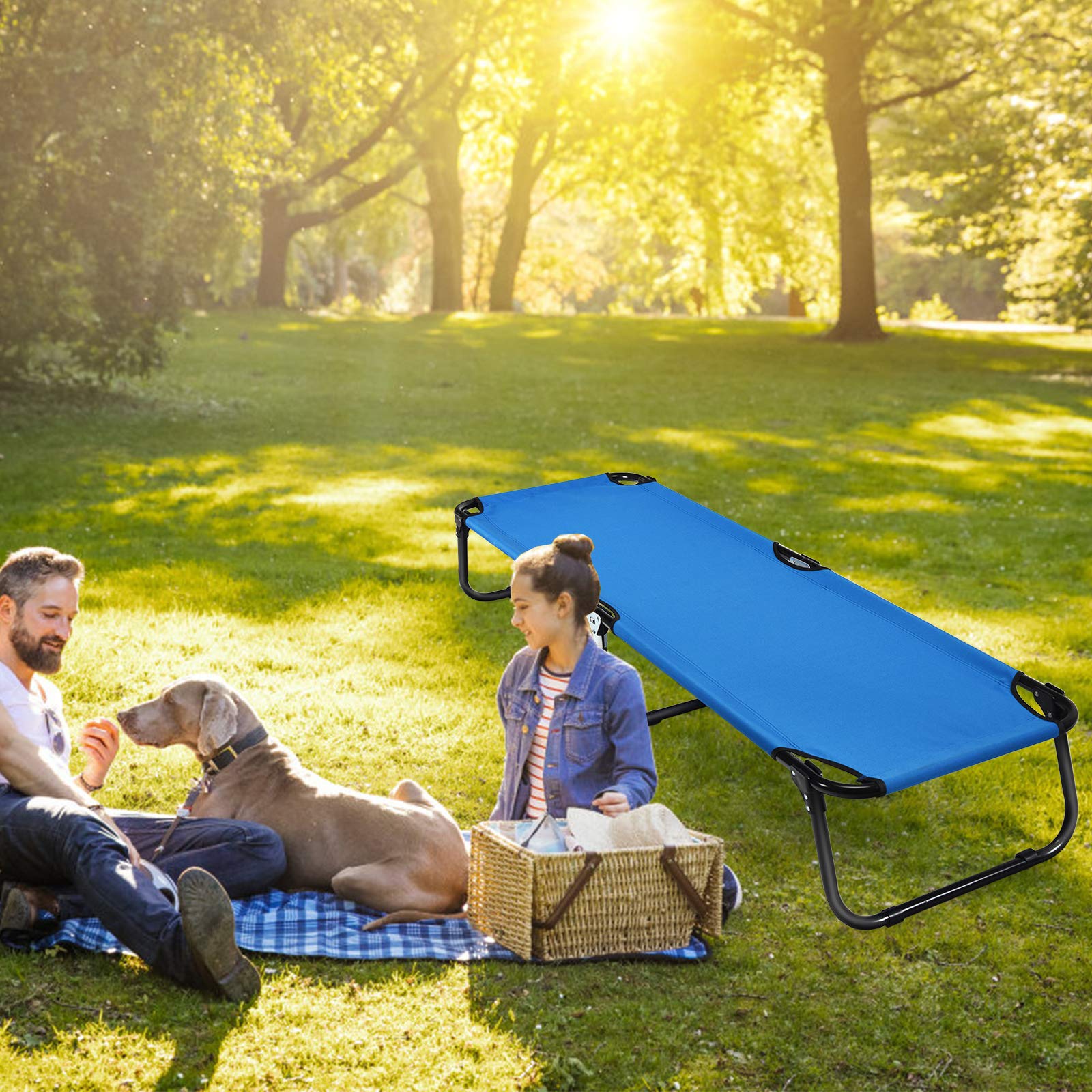 GIANTEX Lit de Camping Pliable avec Base en Métal pour Intérieur et Extérieur, Lit de Loisirs Ultra Léger pour Voyage, Randonnée, Pêche, Charge Maximal 150 kg (Bleu)