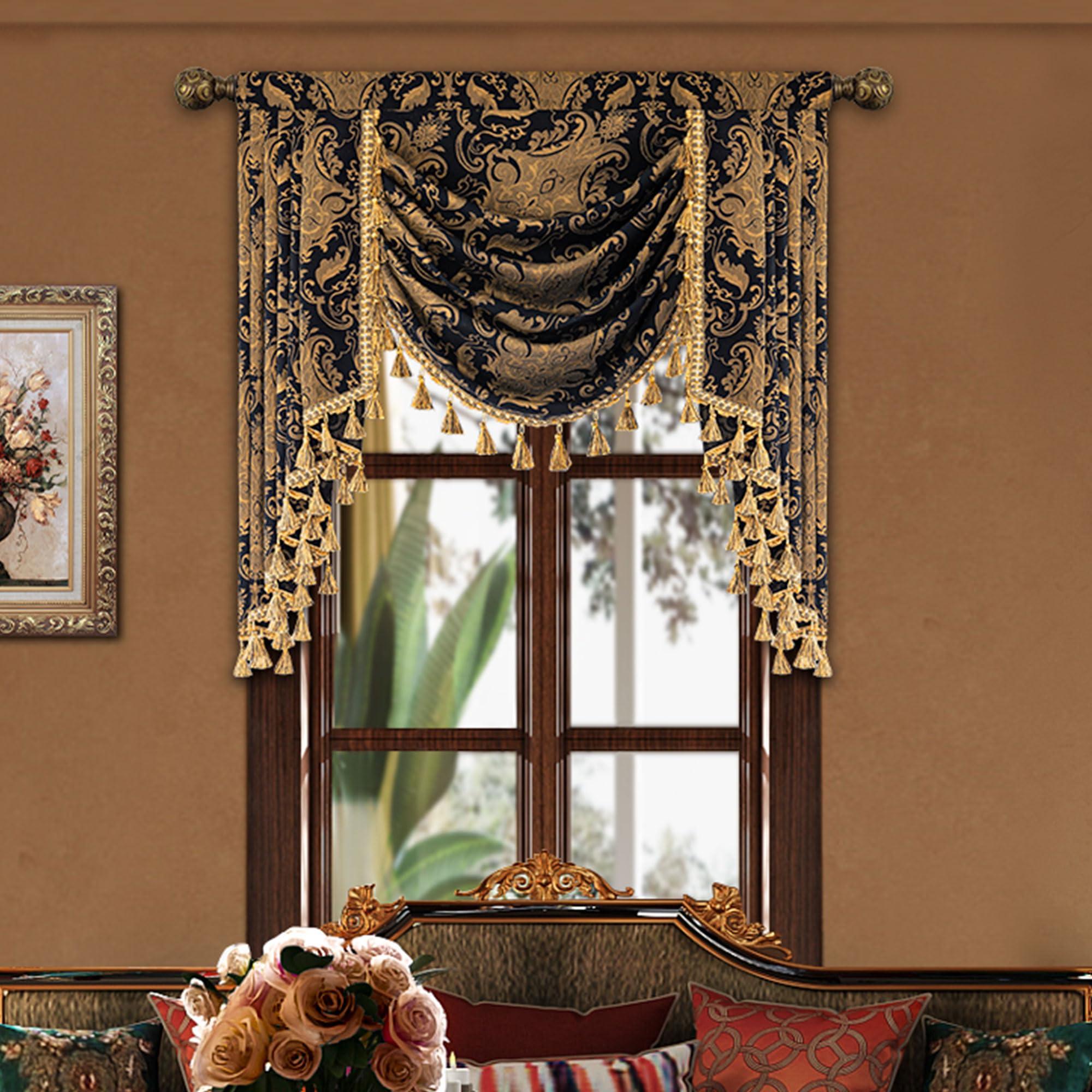 Cantonnière pour fenêtres, motif cascade damassée avec pompons, rideau court pour chambre à coucher, salon, cuisine, traitement de fenêtre avec passe-tringle (largeur 100 cm, noir)