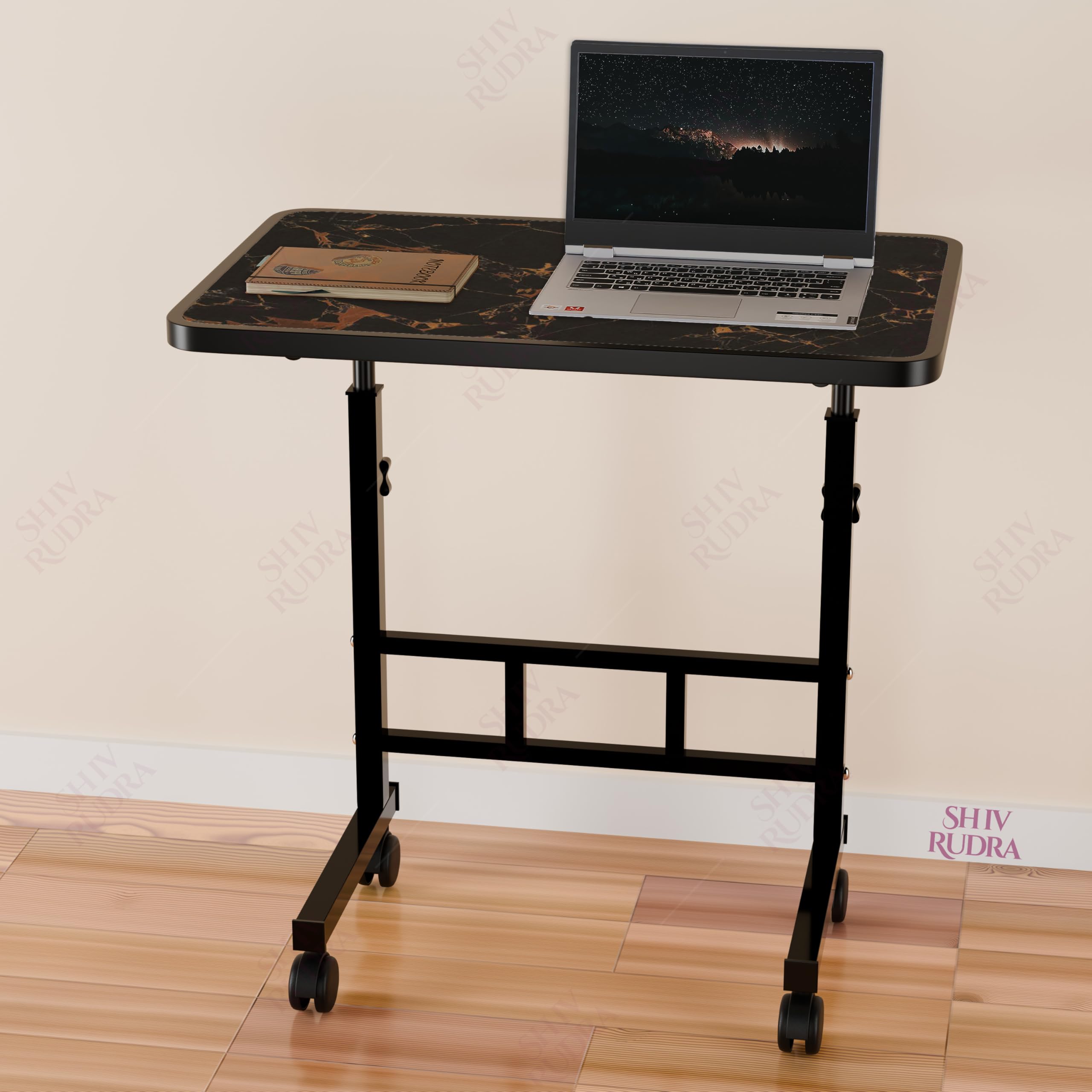 OPTIFINE Wooden Multipurpose Adjustable Height Table with Wheels for Work from Home, Study, Office and Bedroom (Golden Marble Adjustable) 1