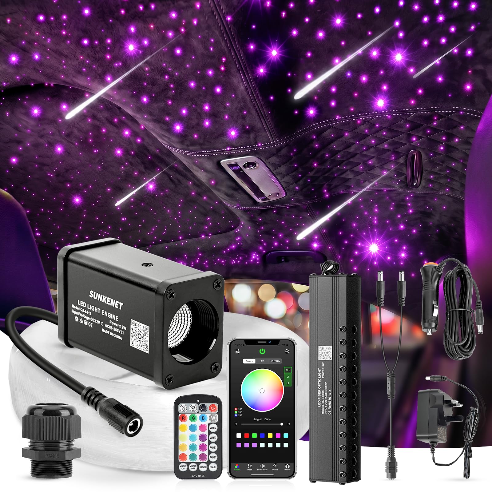 SUNKENET Meteor 12W Mini Starlight Headliner Kit, 550pcs*0.03inch*9.8ft Star Lights for Car/Home Ceiling, Fiber Optic Lights with Bluetooth APP/Remote Control/Music Effect