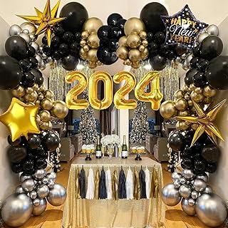 2024 New Year Balloon Garland Arches Kit, New Years Eve Decorations 2024 Happy New Year Balloon Black Gold Balloon for New Year Party Supplies