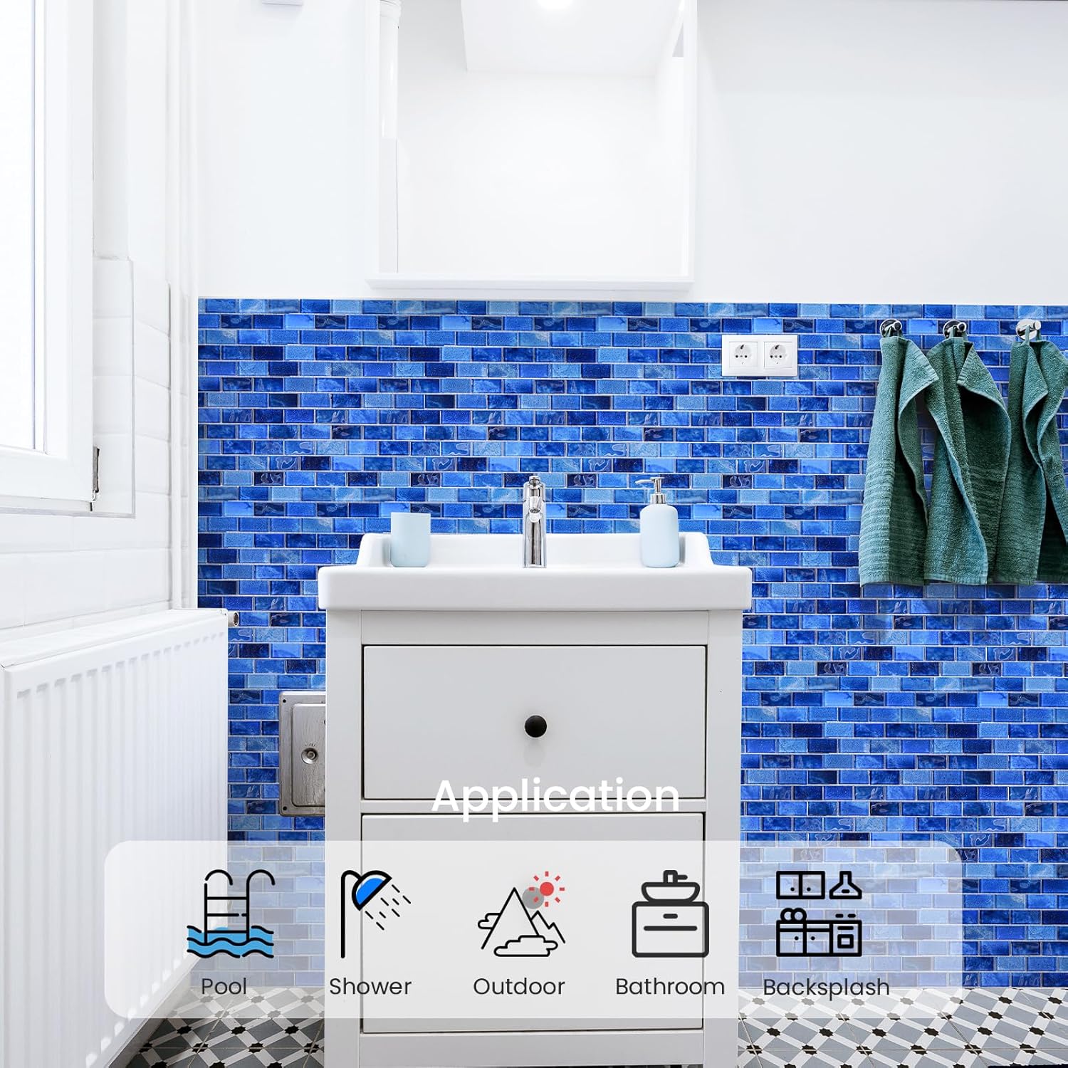 Glass Backsplash Linear Mosaic Wall Tiles, 5-Sheet Glass Tiles for Kitchen Bathroom Swimming Pool Shower Tiles (Dark Blue, 4.8 SQ.FT)