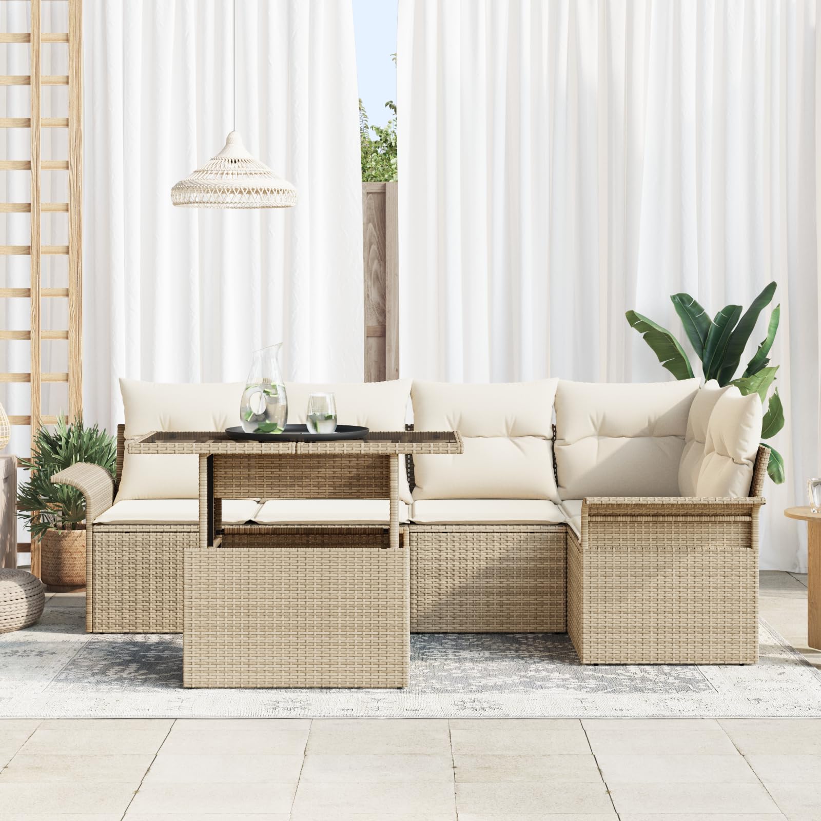 Juego de 6 sofás de jardín con cojines beige de polirratán para jardín, resistente a la intemperie, muebles de exterior