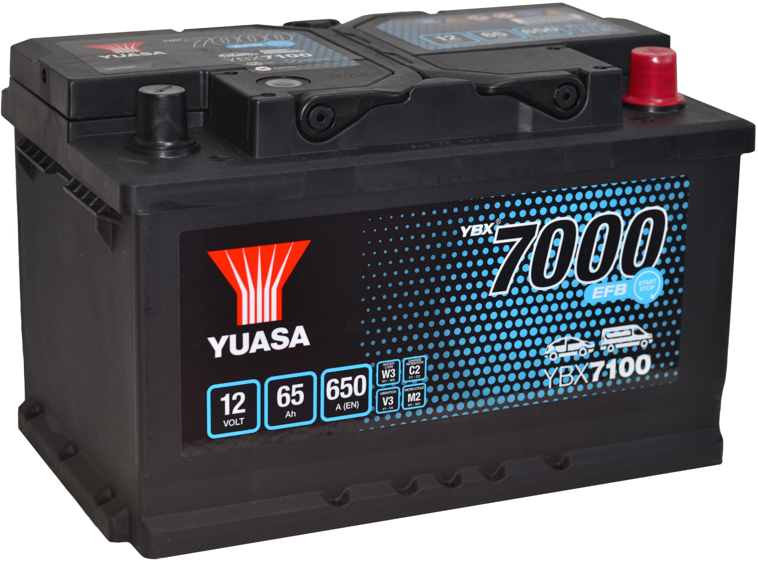 YUASA Batteria 65, Ah 650, A/EN YBX7100 L 278mm B 175mm H 175mm Compatibilità con FORD Fiesta Mk6 Hatchback JA8, JR8 FOCUS III C-Max II DXA/CB7, DXA/CEU Kuga Mk2 DM2 Fiesta Mk7 Hatchback