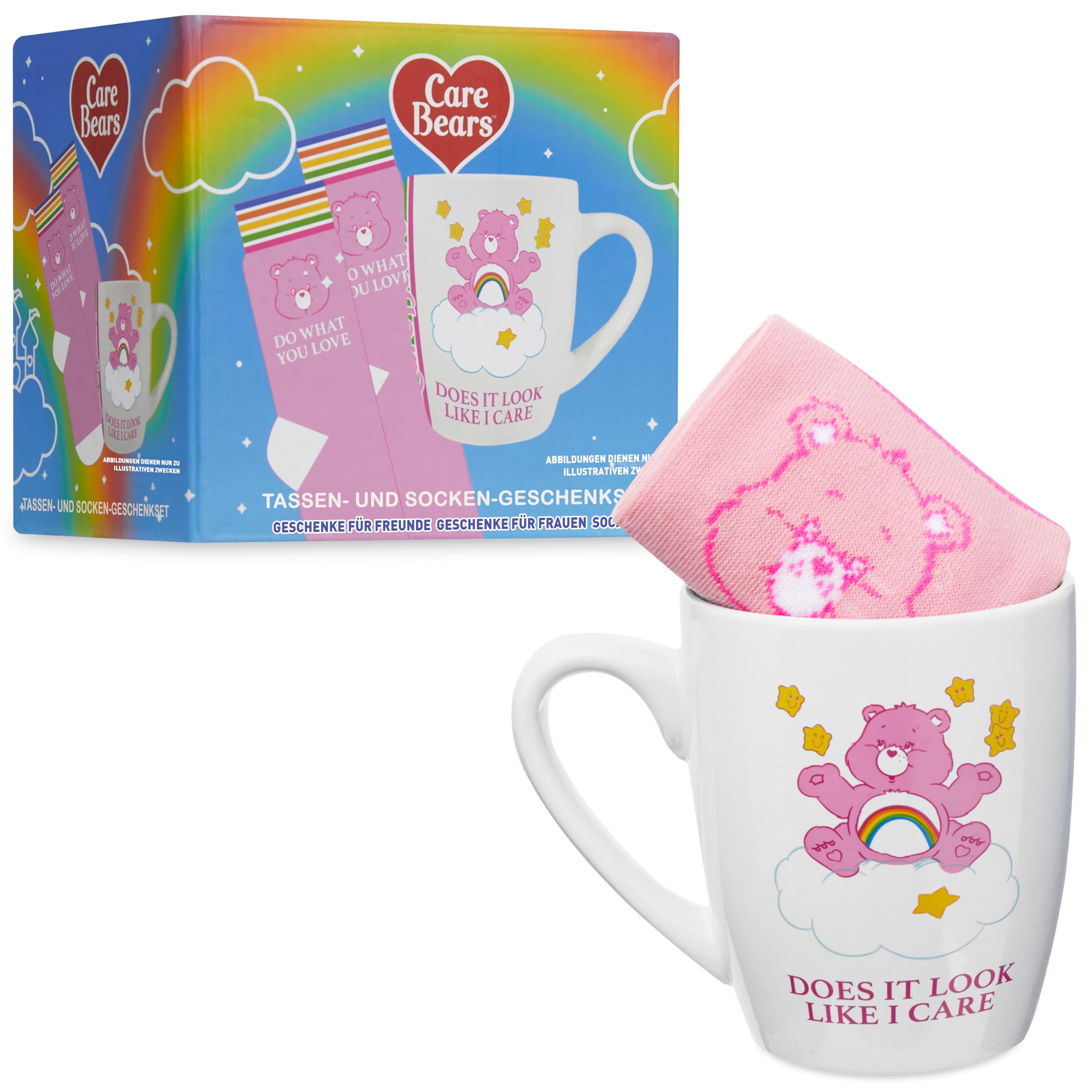 Get Trend Glücksbärchis Socken und Tasse Set, Bequeme One Size Strümpfe 35-41 & Keramik Kaffee Tasse 315 ml/11oz, Geschenke für Frauen & Teenager (Weiß/Rosa Care Bears)
