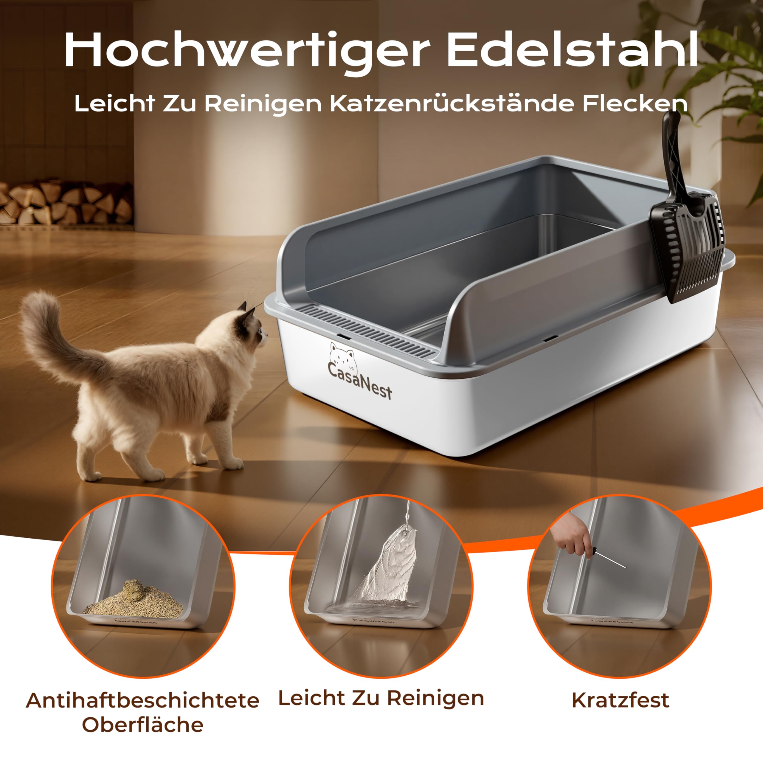XXXL Katzenklo Edelstahl,70 * 50 * 25cm, Extra Große Metall Katze Müll Box für große, Multi Katzen, Katzentoilette Edelstahl, Anti-Leckage, Metallpfanne, Leicht zu Reinigen, Langlebig