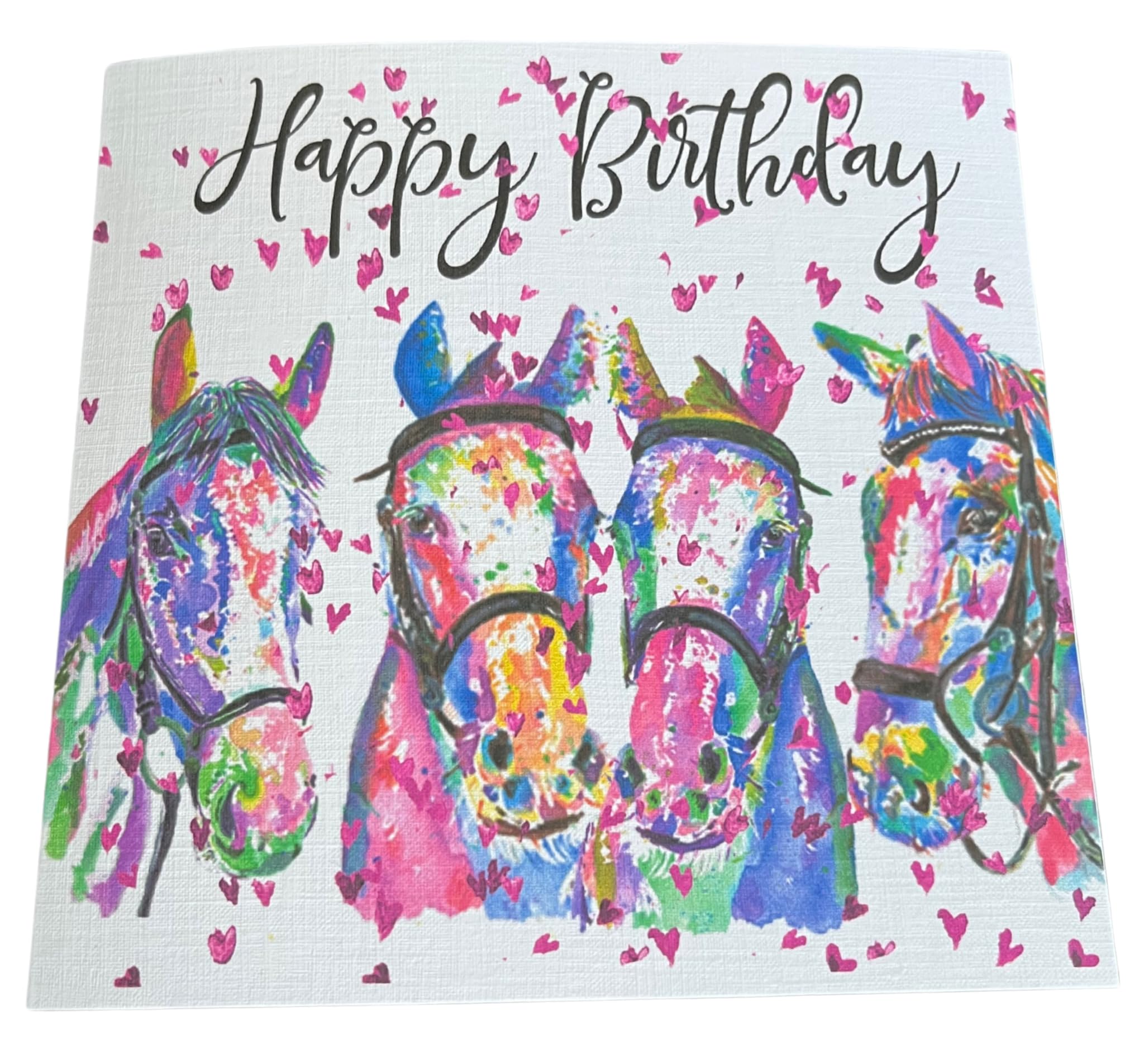 Happy Birthday water coloured themed horse card with hearts background