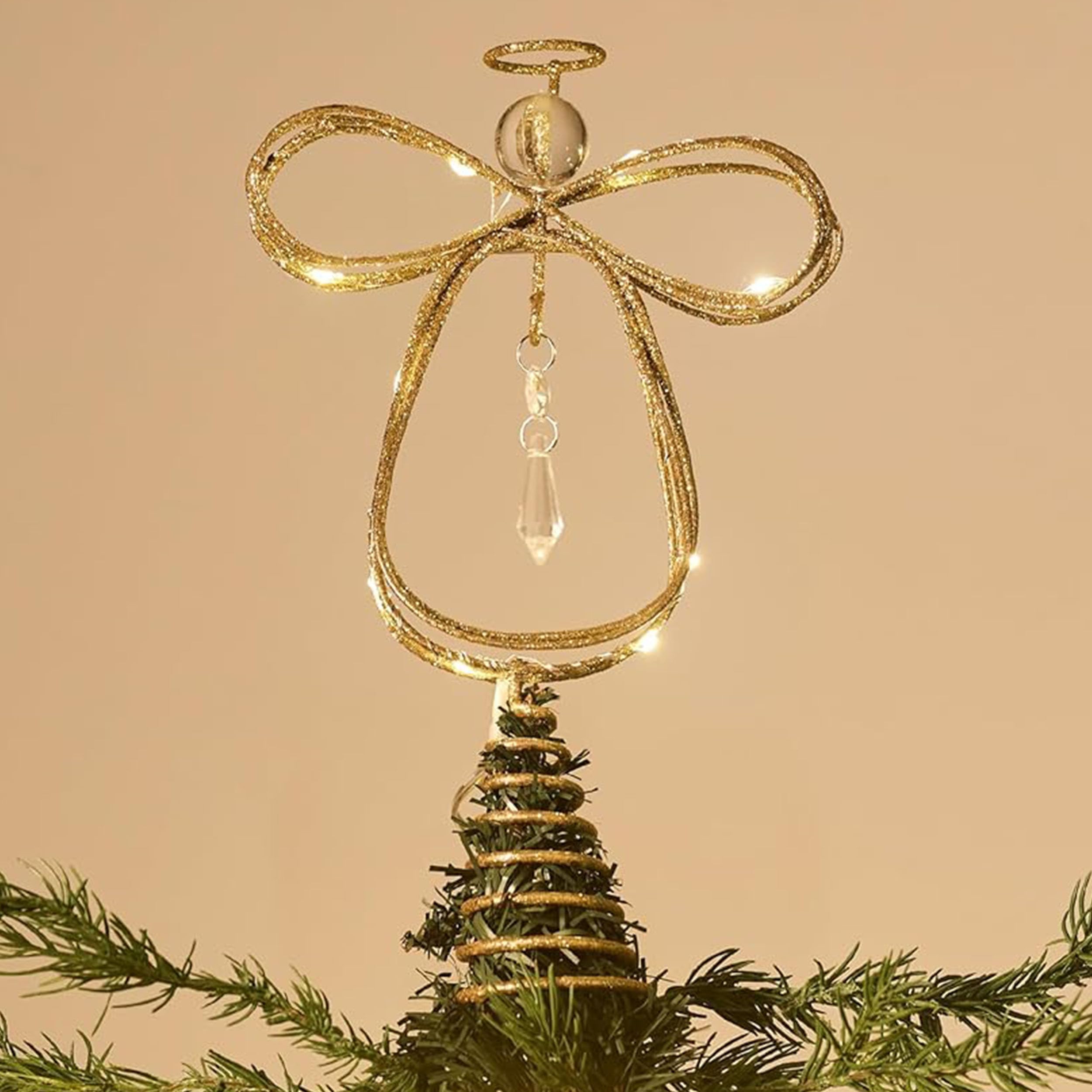 Lighted Christmas Tree Topper Angel with Timer, 10 Inch Pre-Lit Gold Metal Small Angel Tree Topper with Lights for Christmas Tree Decoration Indoor, Battery Operated, Valentines Gifts