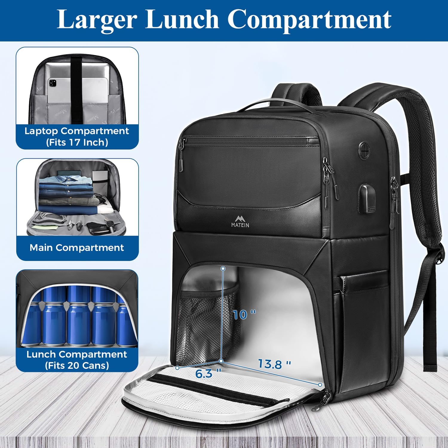 MATEIN Lunch Backpack for Men, Waterproof PU-coated Work Backpack with Lunch Compartment, Large 17 Inch Laptop Back Pack Lunchbox with USB Port, Insulated Cooler Bag for Office Commute, Gifts for Work - Image 3