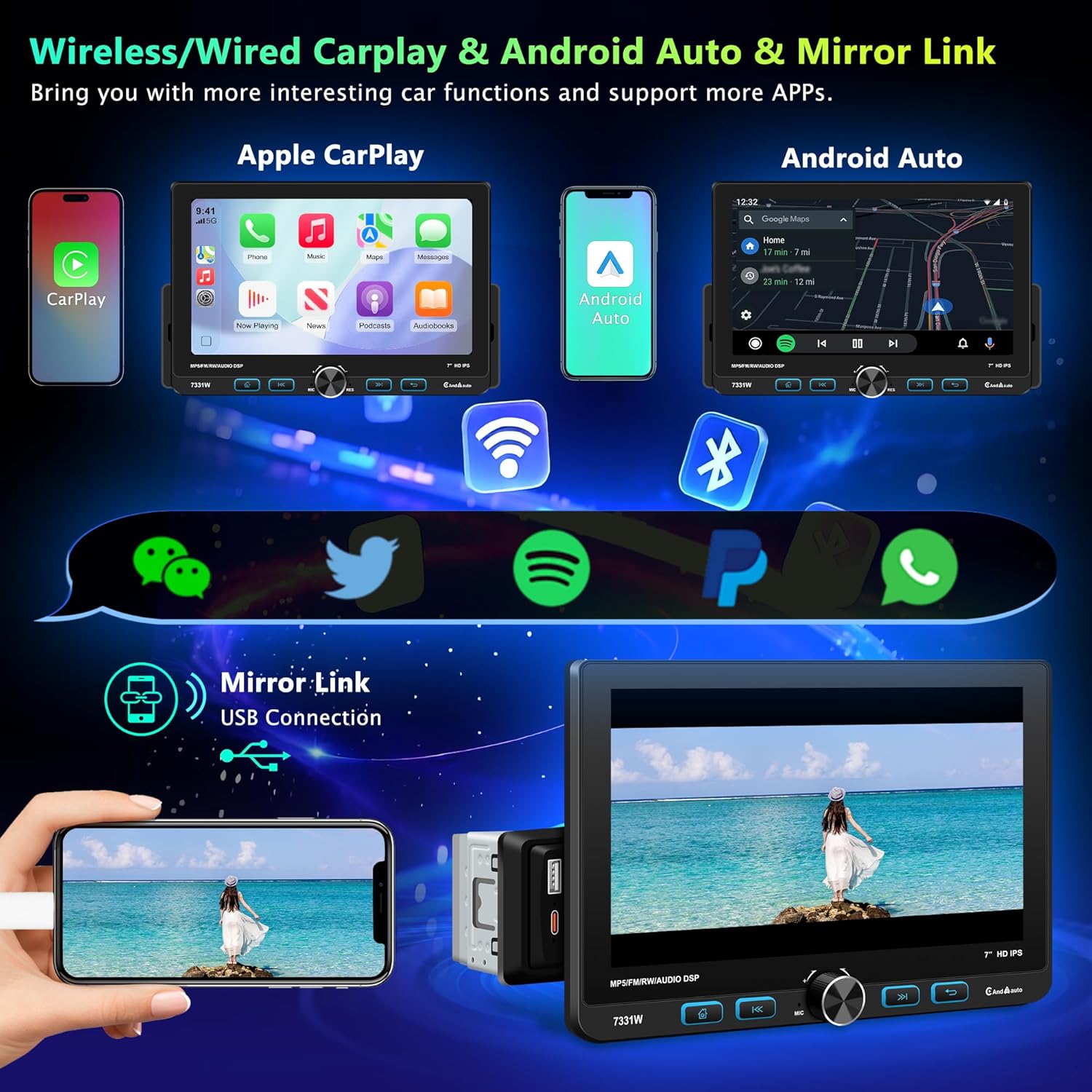 7" Single Din Touchscreen Radio, Floating Car Stereo with Wireless Apple CarPlay & Android Auto,30° Adjustable HD IPS Touchscreen,FM/AM,Bluetooth 5.2,USB & Type-C,MIC,Physical Knob, Backup Camera