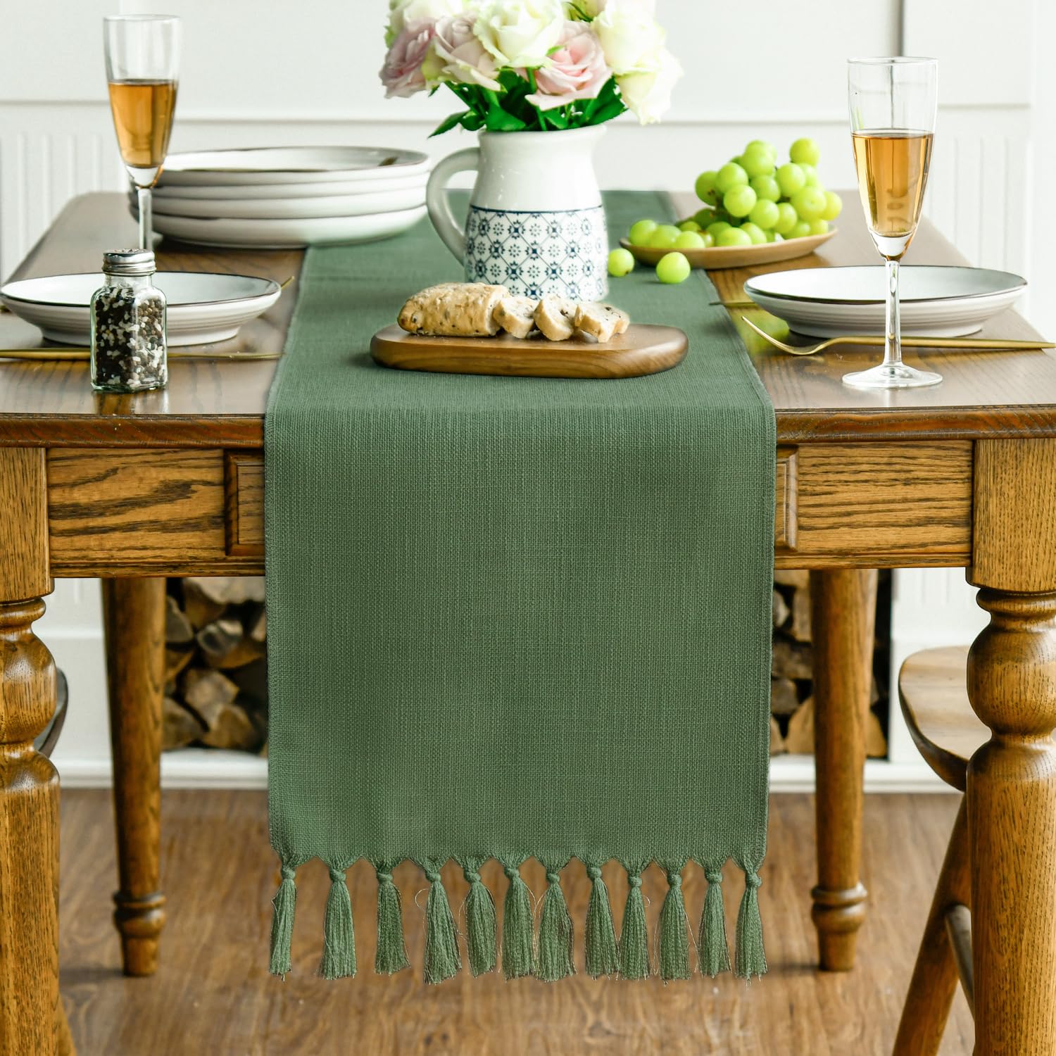 Artoid Mode Dark Green Boho Rustic Farmhouse Tassel Table Runner - Image 4