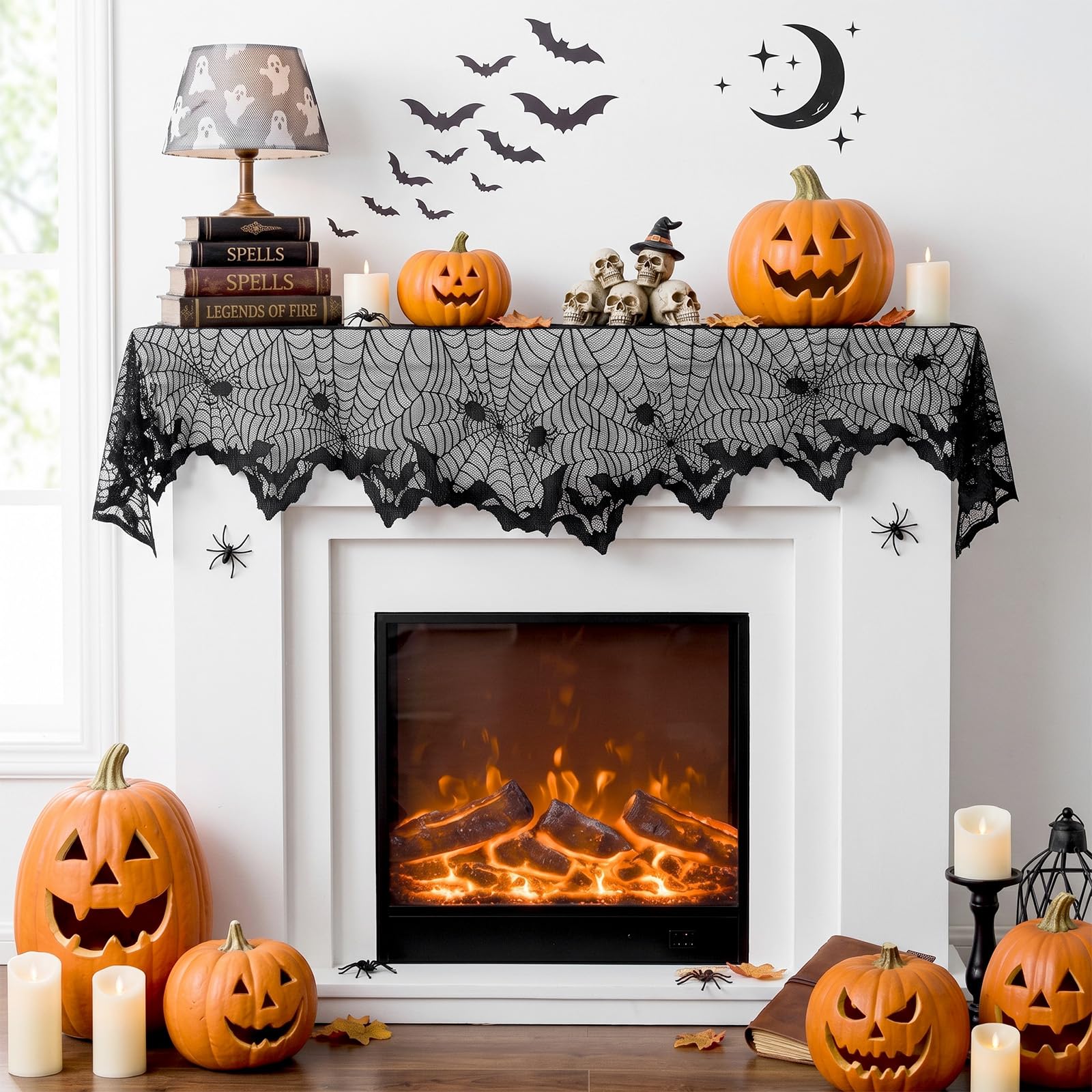 Black Lace Cobweb Halloween Fireplace Mantel Scarf Cover Decor, 18x96 in