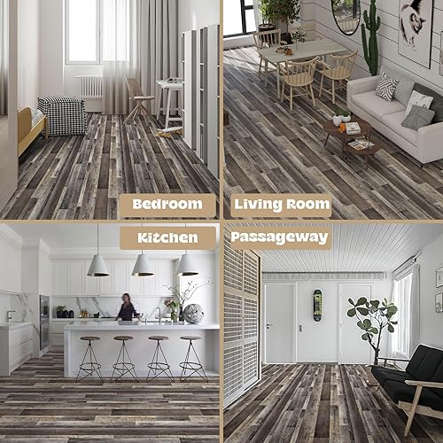 Miniatura 6 de Oxdigi Azulejos de suelo de 36 x 6 x 6 x 72 paquetes108 pies cuadrados, suelo de tablones de madera grueso, autoadhesivo, impermeable, para cocina,