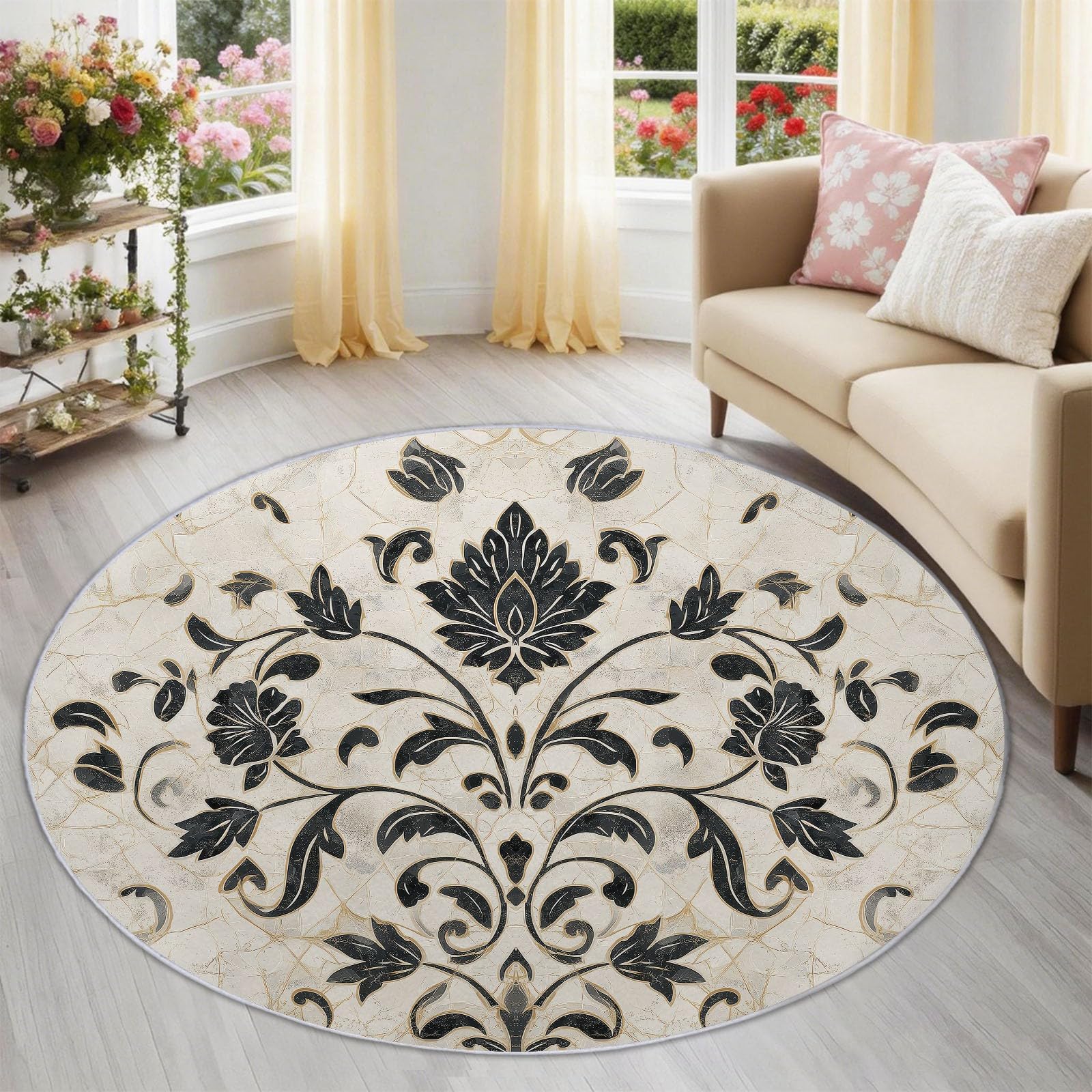 Blumen Marmor Runder Teppich rutschfest 120 cm für Esszimmer & Flur, Beige für Esszimmer & Flur, Europäischer Stil Luxus Weicher Kurzflor Teppich Waschbar Pflegeleicht