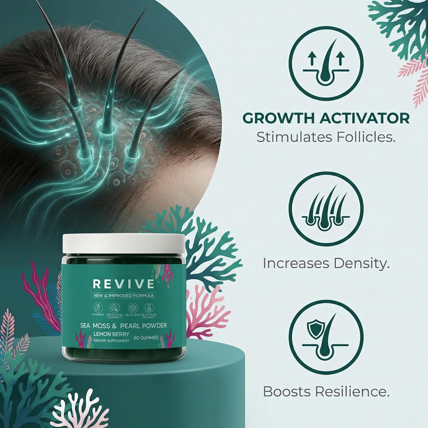 Balmbare Revive Gummies for Hair Loss - Sea Moss Gummies with Vitamin C, Vitamin E, Aloe Vera, Pearl Powder Supports Faster Hair Growth, Stronger Nails, Healthy Skin, Extra Strength - 60 Count