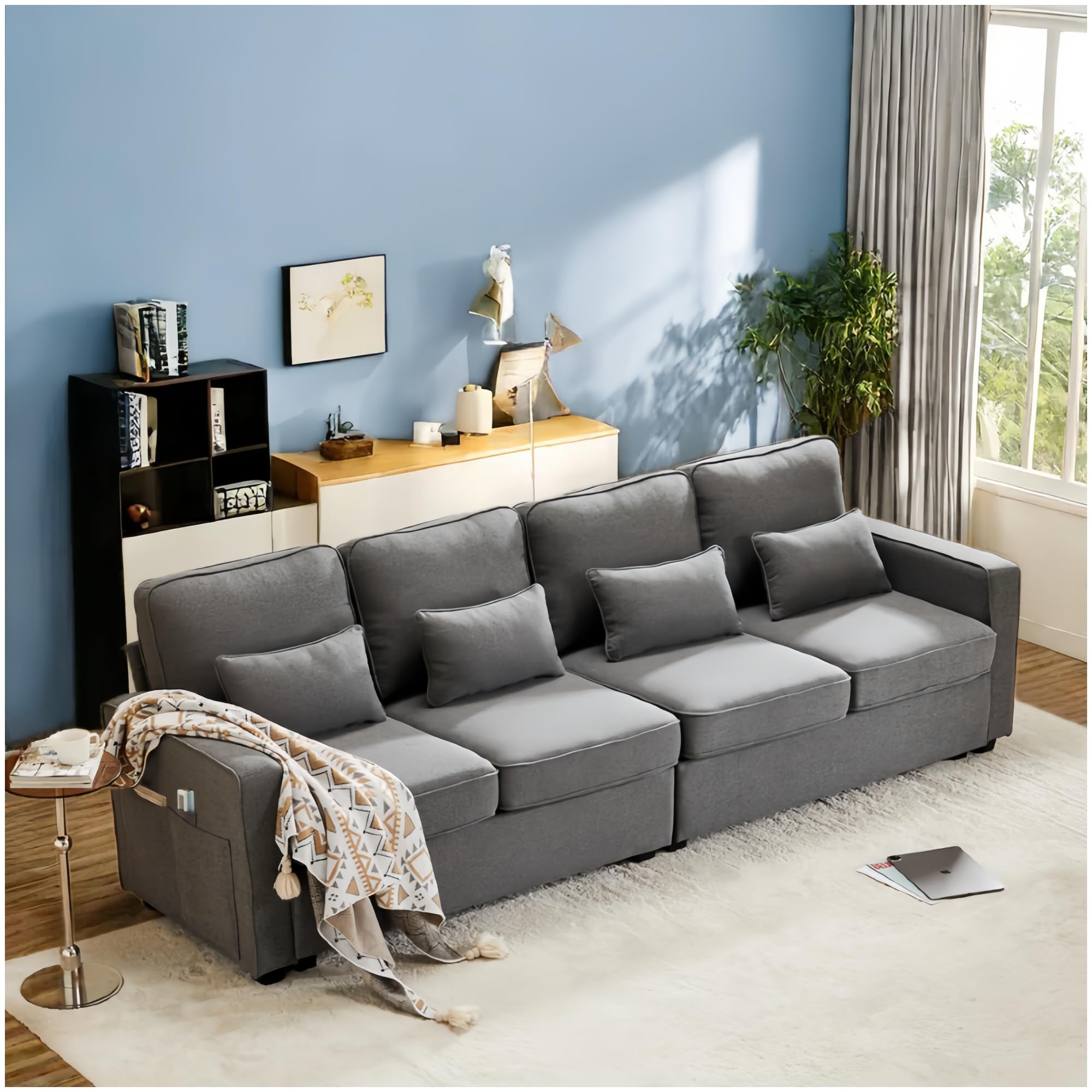 Lubvtti Sofá 4 Plazas Moderno de Tela de Lino con Bolsillos para Reposabrazos y 4 Cojines, Estilo Sencillo para Salón o Dormitorio, Gris Oscuro