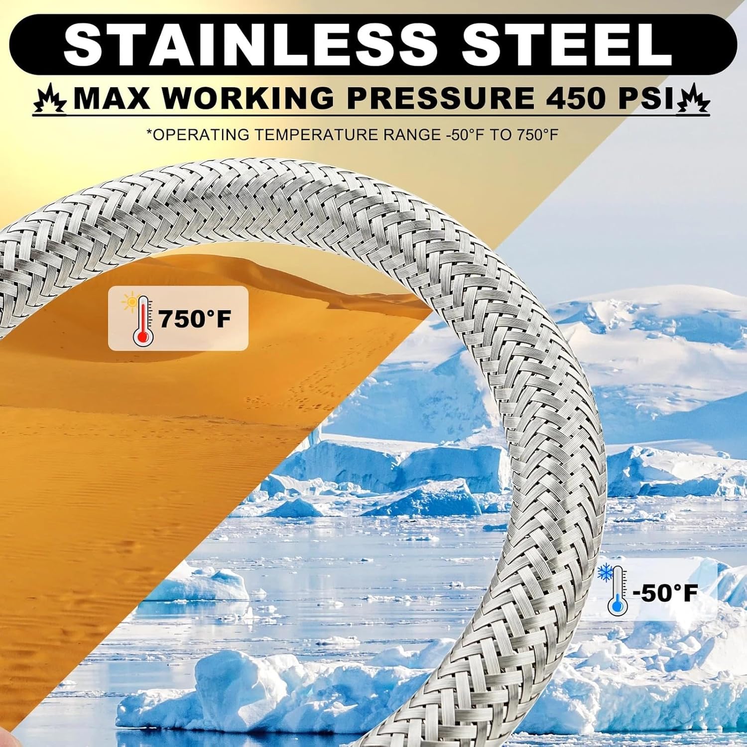Industrial Grade Compressor Jumper hose Kit,With 1/2" NPT Male 20" Length 450 PSI &750°F, And Two 1/2" Male Adapters,Flexible Stainless Steel Metal Hose (Both Sides Fittings Rotate Freely)