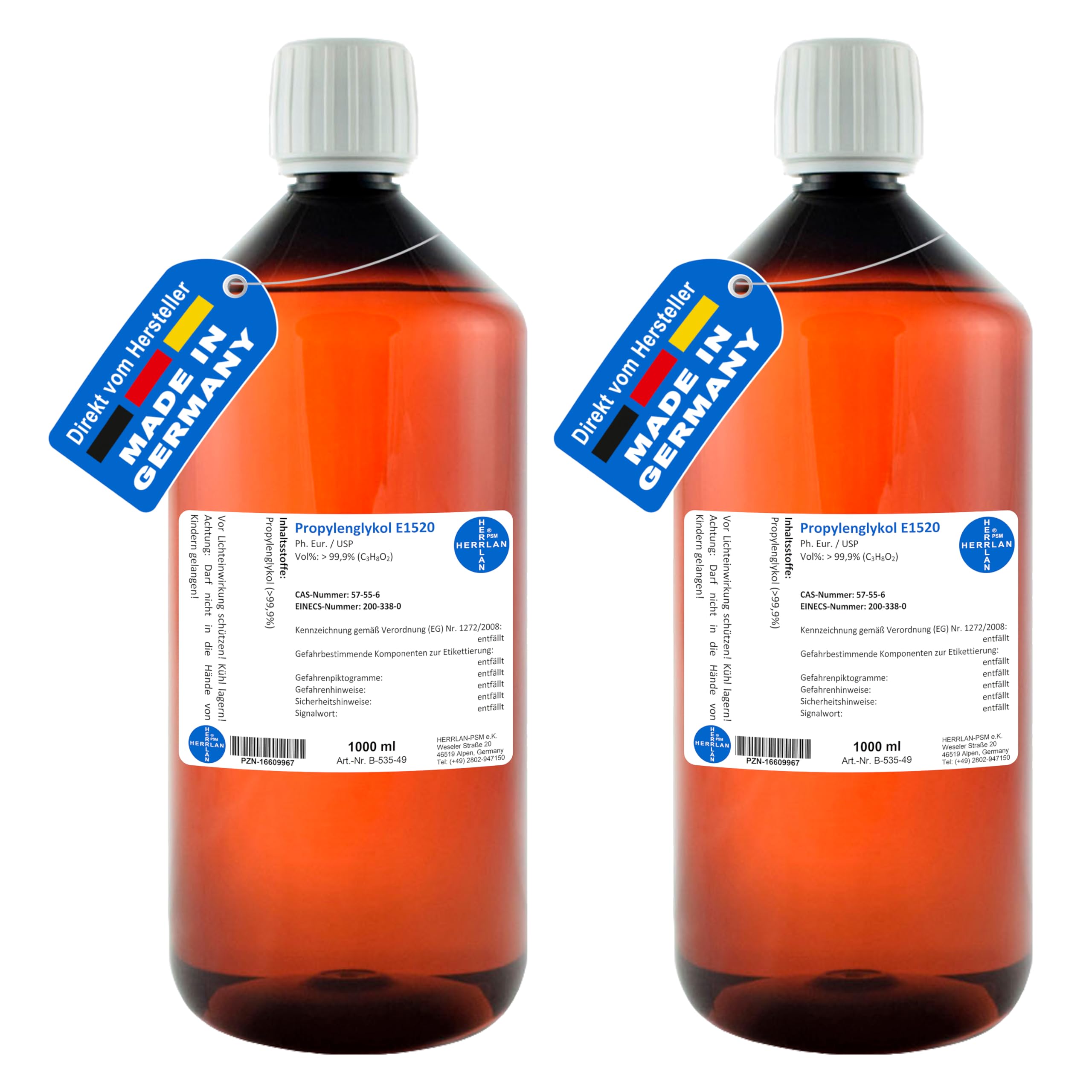 HERRLAN® Glycerin 99,9% E422 + Propylenglykol 99,9% E1520 – 2 x 1000 ml Set Ph.Eur. - SPITZENQUALITÄT - Made in Germany