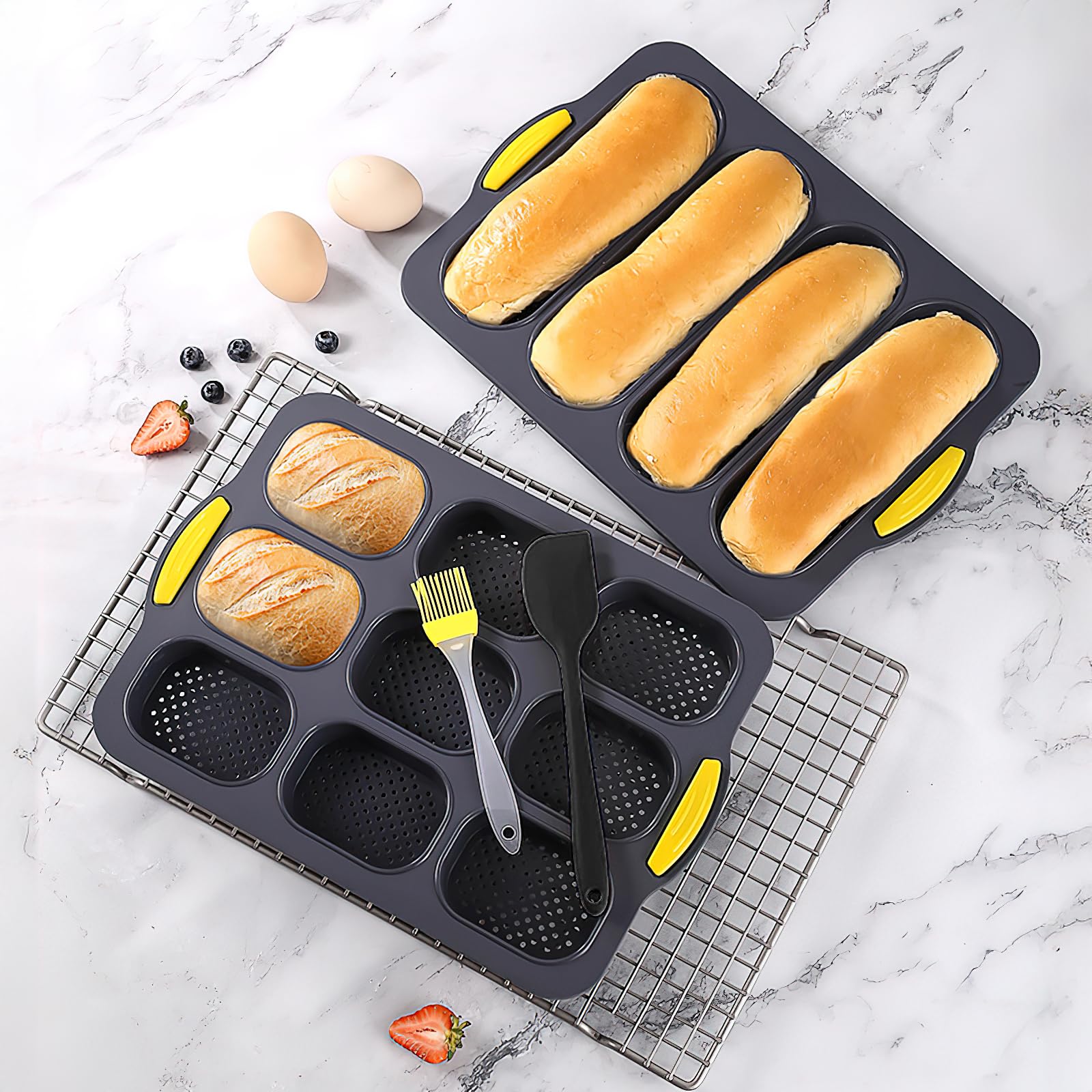 Juego de 5 moldes de pan de silicona antiadherente, molde de varita francés perforado 4/6/9 cavidades, placa de cocción de pan casero con cepillo y espátula, accesorios pastelería (negro)