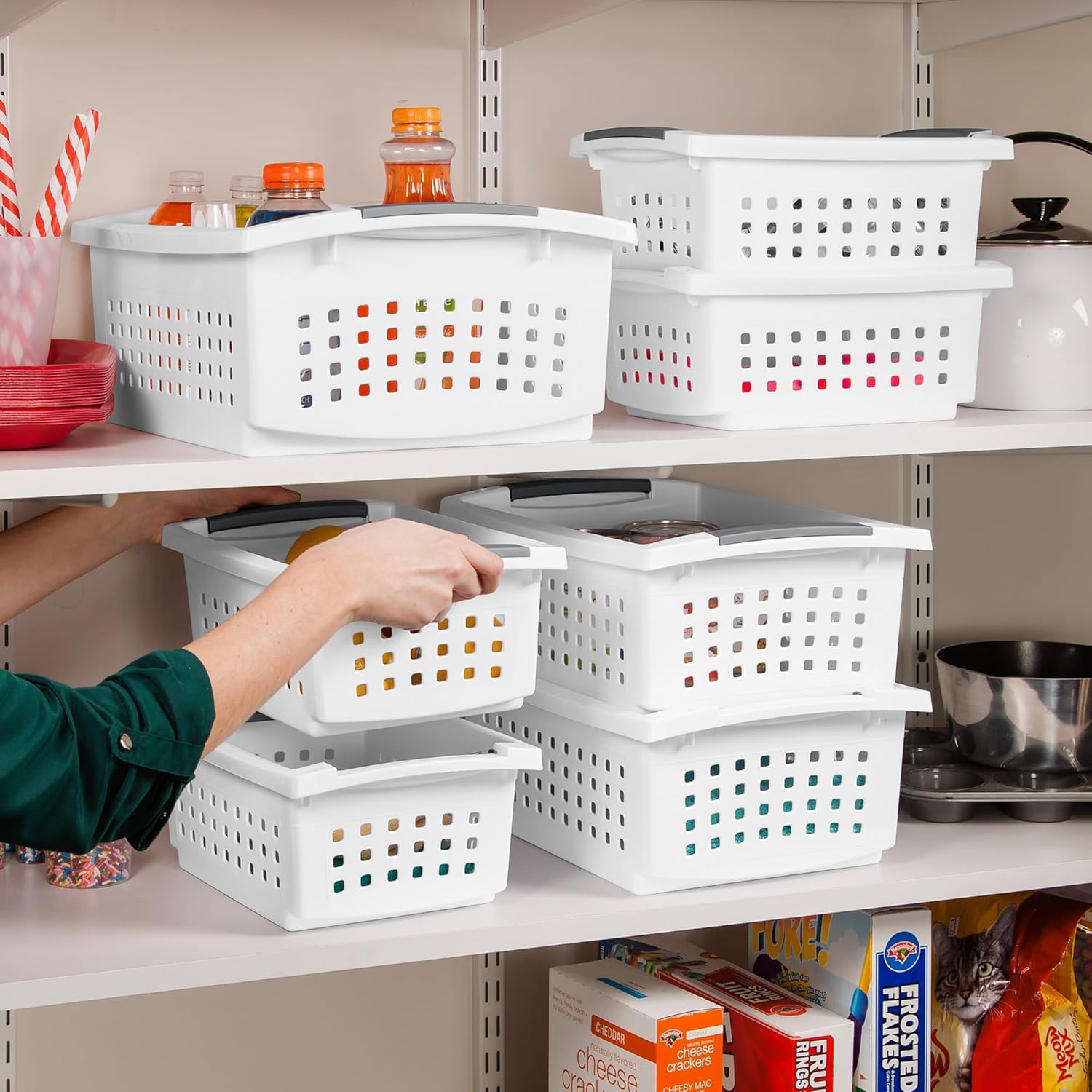 Sterilite 8 Pack Small Stacking Basket, Open Top Storage Bin with Handles, White - Ideal for Home Closets, Kitchens, or Office Organization